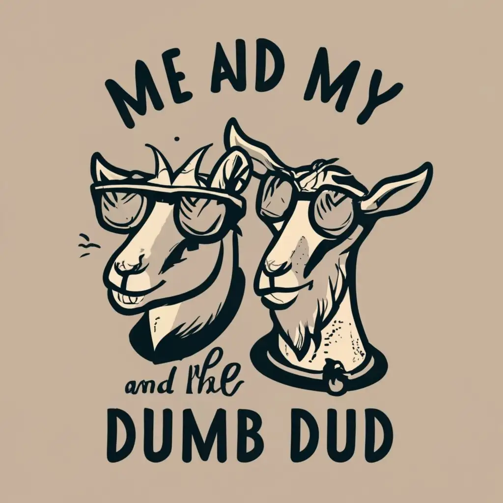 logo, A pair of cool looking goats wearing glasses and caps in a cartoon and cheerful style, with the text "Me and my dumb dud ", typography, be used in Entertainment industry