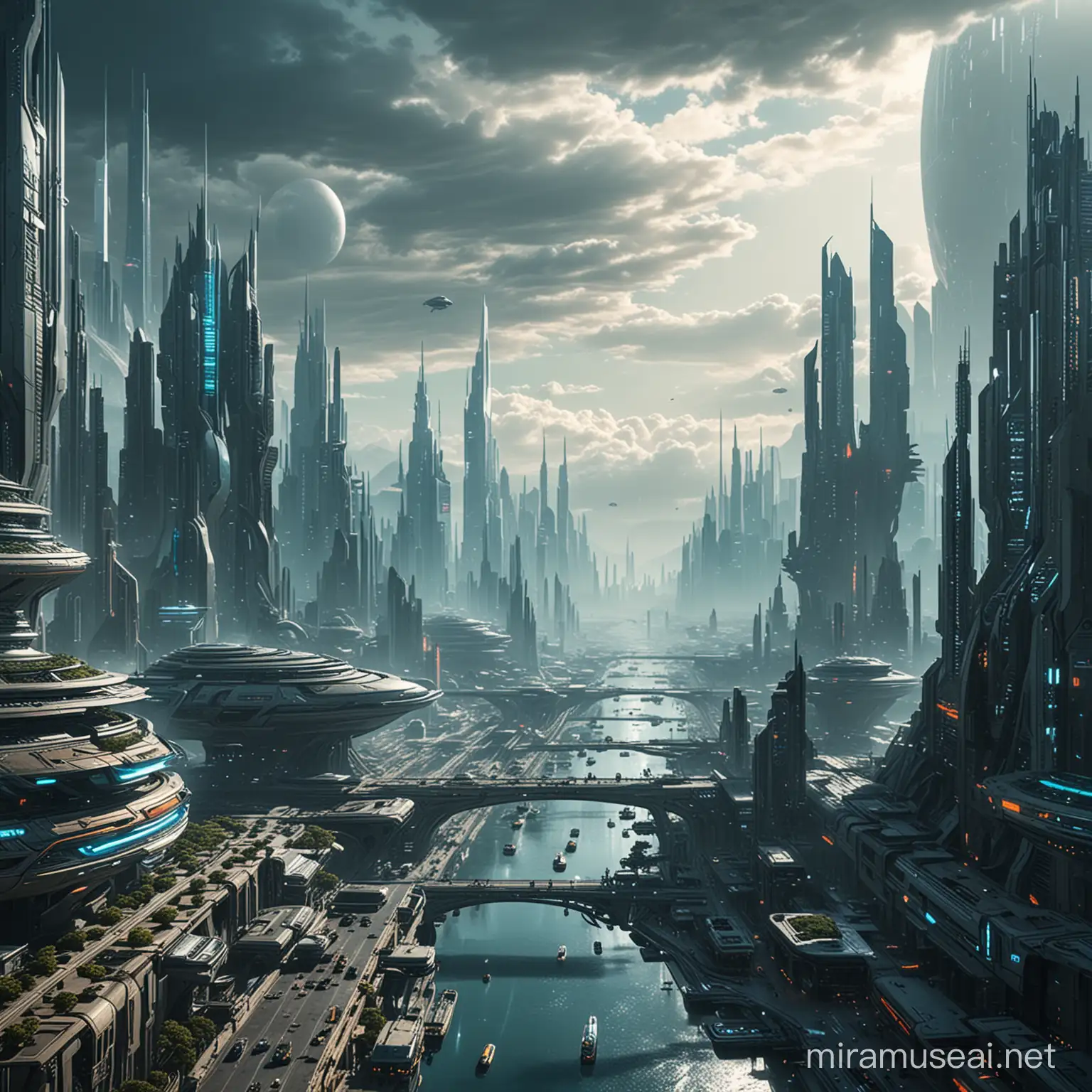 Futuristic Cityscape Viewed from a Distance Urban Skyline of Tomorrow