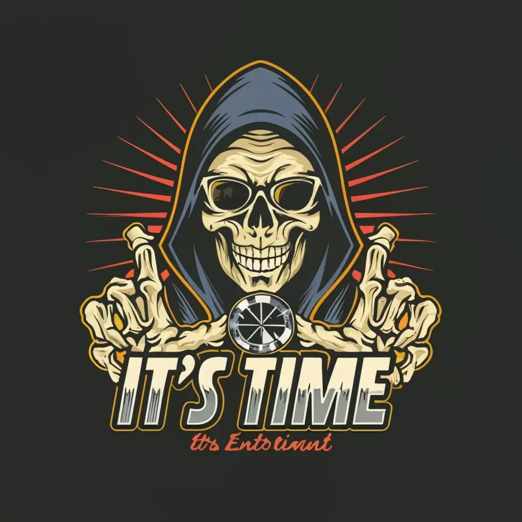 logo, abstract a skeleton with glasses and a hoodie on his head shows a watch on his hand, with the text "It's time", typography, be used in Entertainment industry