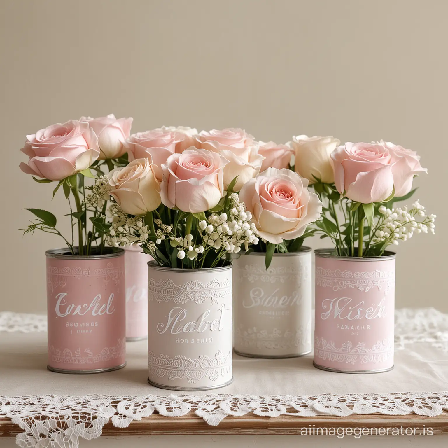 Create a realistic image of an elegant and romantic centerpiece featuring repurposed tin cans painted in soft matte white. Each can is delicately wrapped with white lace, adding a refined touch. These cans are filled with lush arrangements of roses, alternating in shades of pristine white and soft pink. The centerpiece is set against a neutral background to emphasize its chic and graceful charm, perfect for depicting an elegant setting.