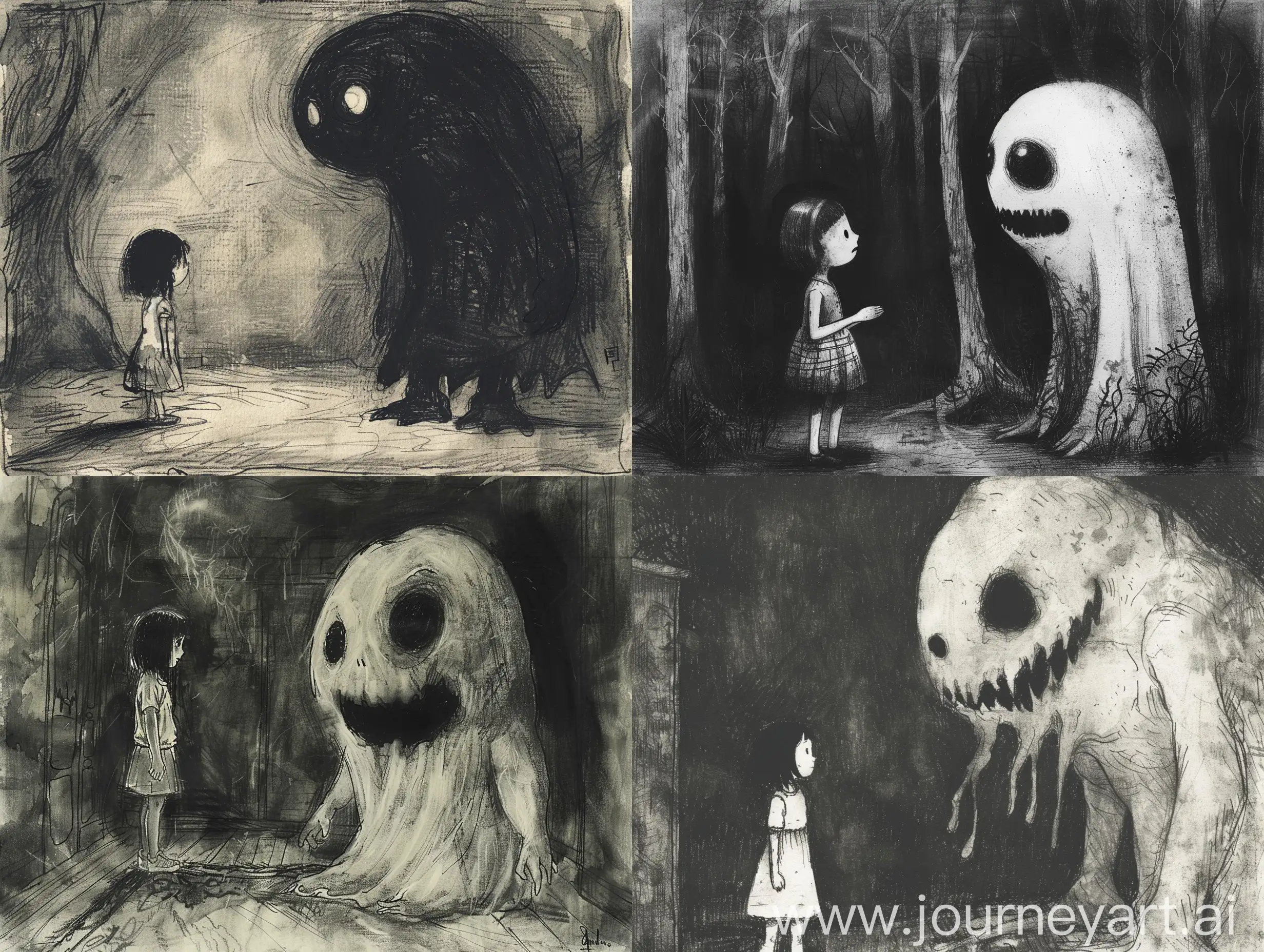 Japanese horror hand drawn illustration, darkness, draw with charcoal, monster and child, dark fairy tale, Stunning layout, When a girl meets a scary ghost 