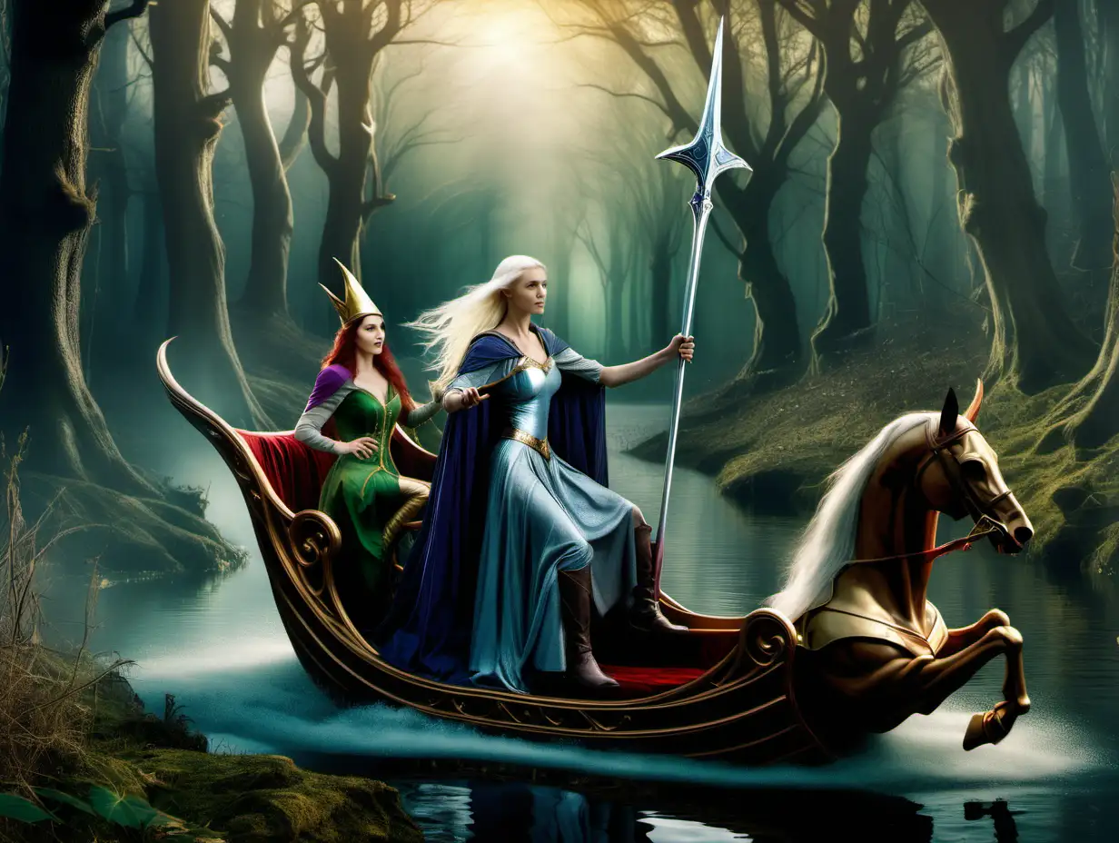Merlin the magician and the lady of the lake holding Excalibur as she rides into an enchanted forest surrounded by elves

