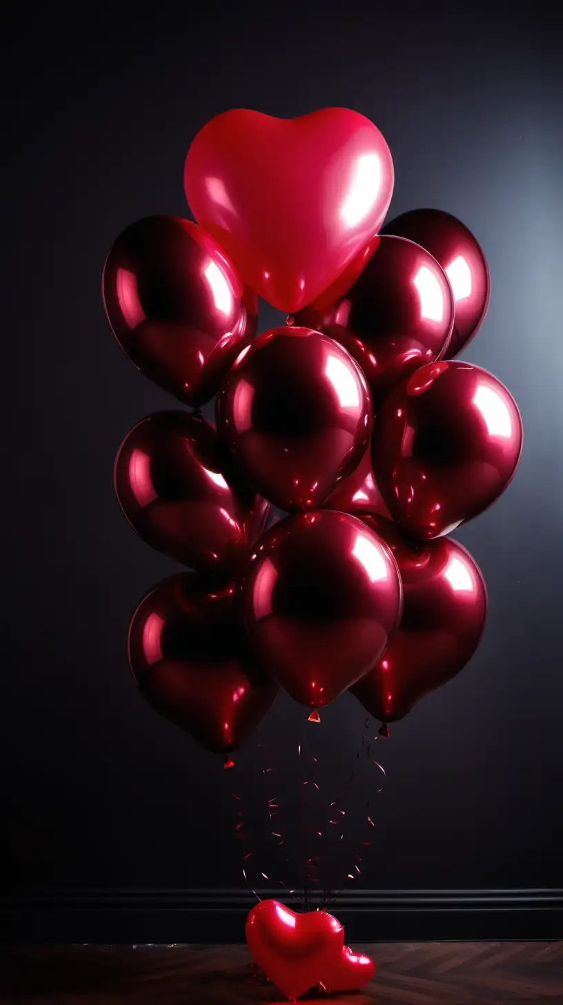 alla hjärtans dag ballonger, mörkt rum, flera ballonger i röda nyanser,


