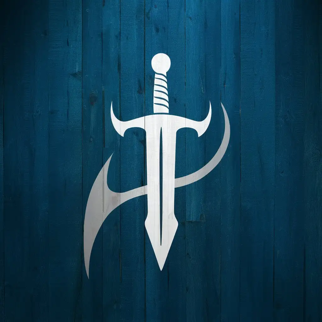 Mystical White Sword Emblem on Blue Background