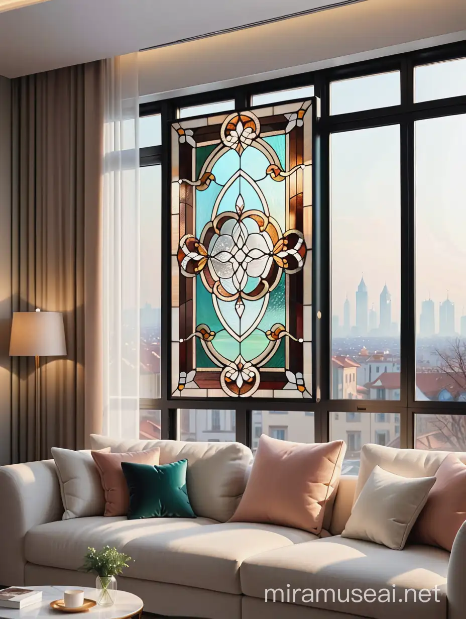 Abstract Tiffany Stained Glass in Living Room Interior