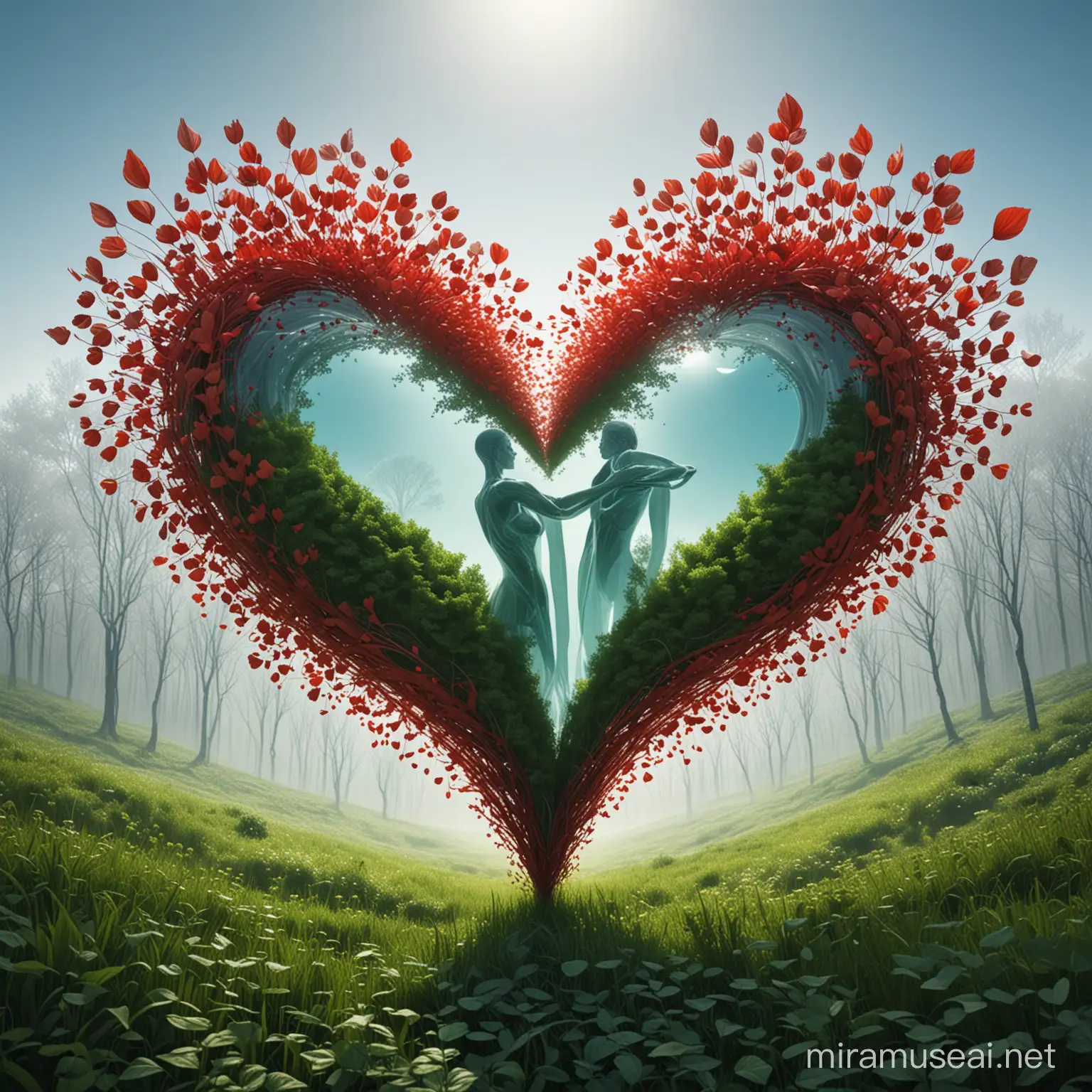 Create a stylized image that creatively merges the concepts of love and nature. The artwork should feature two green figures with a modern, abstract design. They form a heart shape with their bodies as they reach upward and their heads lean towards each other, evoking a sense of connection and intimacy. The figures' arms should extend into the shape of leaves, further emphasizing their bond with nature. The heart they create is a glossy, vibrant red, appearing almost translucent, with a soft shadow that gives depth to the image. The background is a gentle gradient from light blue at the top to white at the bottom, suggesting a peaceful sky. The overall style is sleek and contemporary, with smooth lines and a minimalist aesthetic, 32k render, hyperrealistic, detailed..