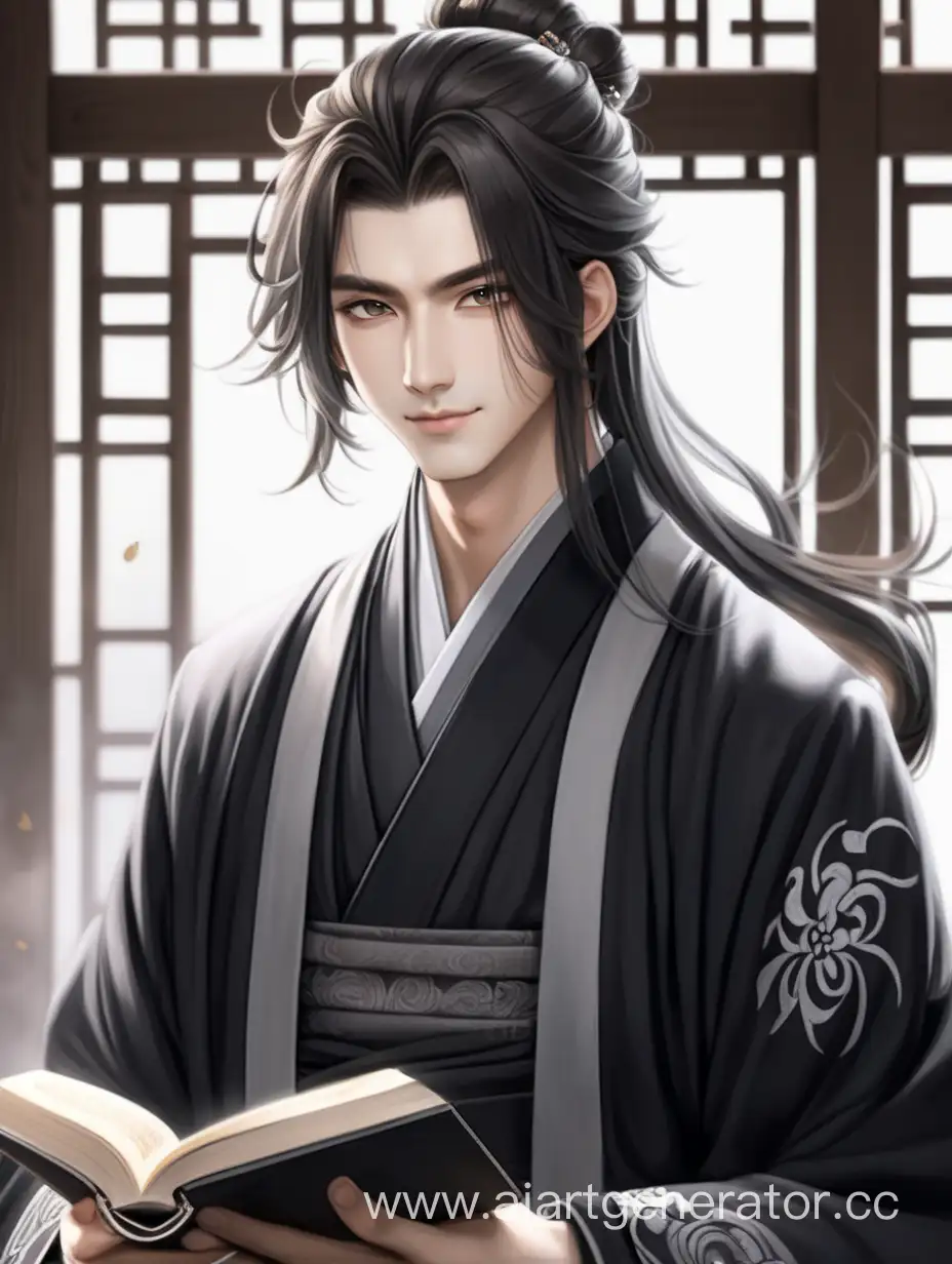 Gentle-Smiling-Young-Man-in-Traditional-Hanfu-Holding-a-Book