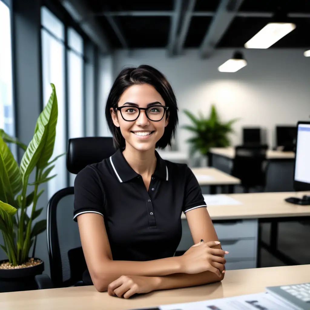 [boyish skinny Columbian female] avatar sitting at down, [medium length dark
 hair, happy eyes] [wearing round black wire frame reading glasses and polo top] [enthusiastic, happy and helpful], [new junior employee whose starting at a new tech startup], modern office background with desks, plants, cinematic lighting realistic.