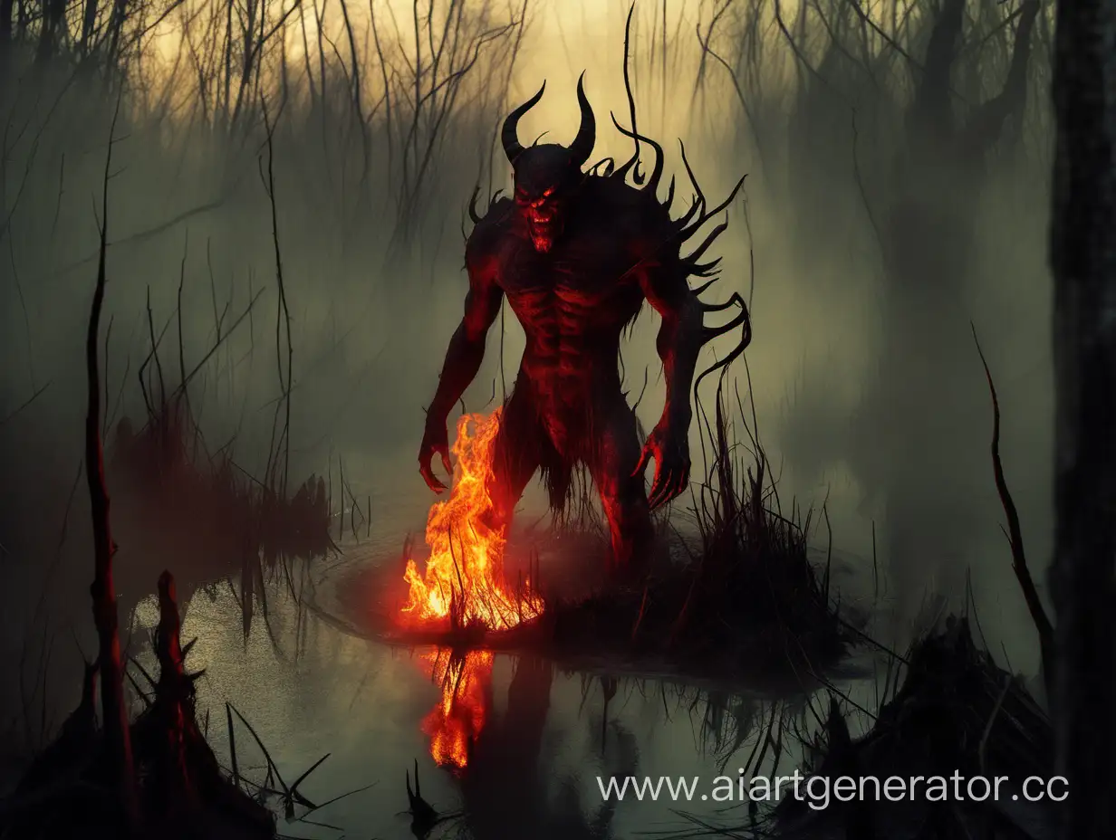 Mystical-Swamp-Encounter-Demon-Amidst-Fiery-Ambiance