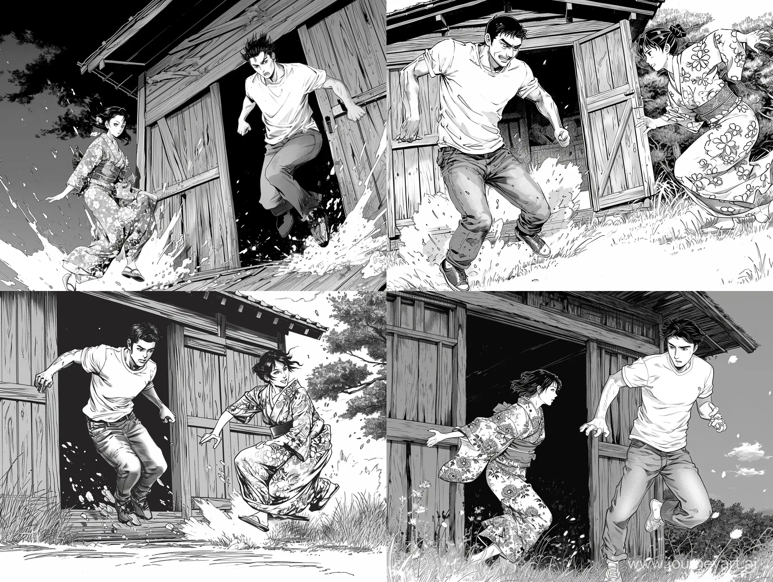 a manga panel, best quality, a man in white T-shirt and jeans run out of the wooden cabin and crash into a woman in kimono, because of that the two of them lose balance --v 6 --ar 4:3 --q 2
