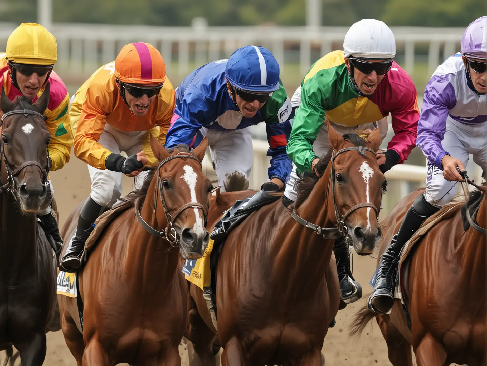 horse racing detail of horses not too crowded headed to the finish line  showing the bright colors of the jockeys and their expression to win the race.