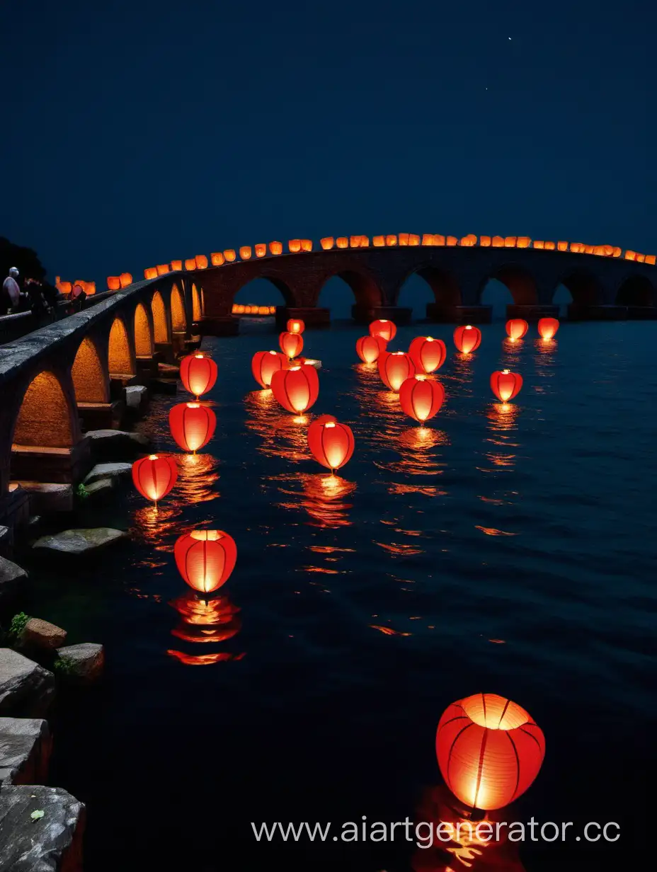 Ночь, китайские фонарики плывут по морю, на переднем плане видно каменный мост