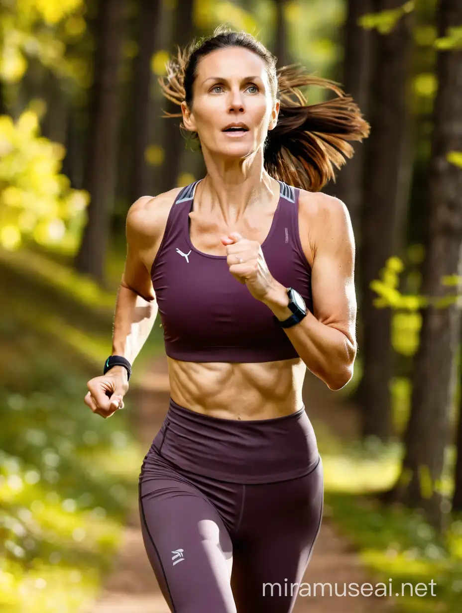 fitness Caucasian woman 45 years old running in nature, cardio exercise workout training outdoor. park female person athlete runner exercising healthy wellness, run sports marathon, forest