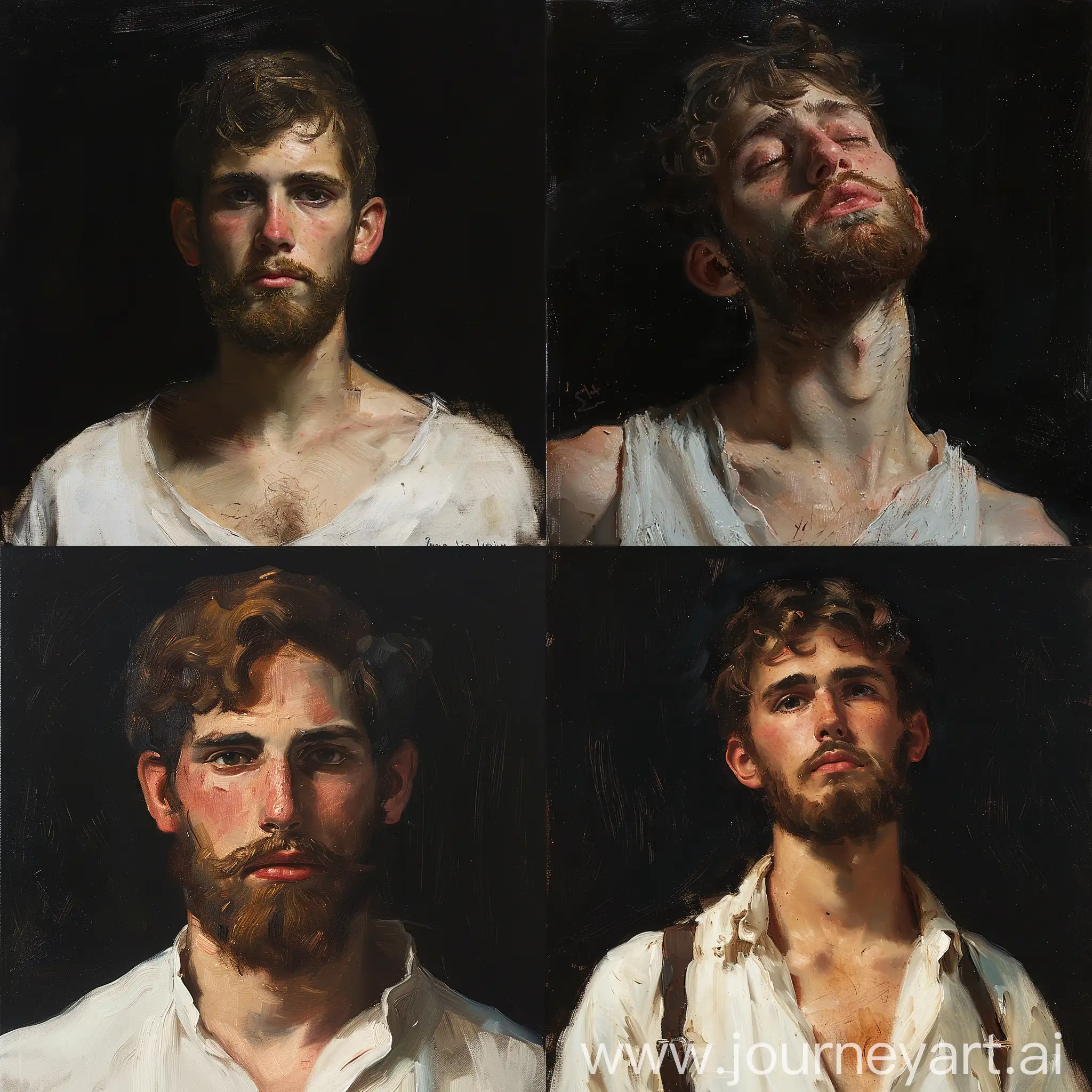 Oil sketch of a young man with beard, wlop John singer Sargent, jeremy lipkin and rob rey, range murata jeremy lipking, John singer Sargent, black background, jeremy lipkin, lensculture portrait awards, casey baugh and james jean, detailed realism in painting, award-winning portrait, amazingly detailed oil painting