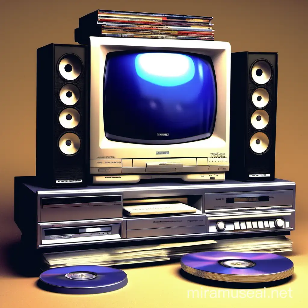 Y2K Hip Hop Materialism Retro Entertainment Setup with CD Players VCR and Hip Hop Album Covers
