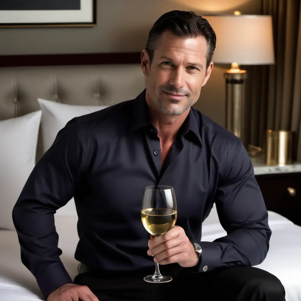 Tall Handsome Businessman Relaxing with Wine in Luxury NYC Hotel Room