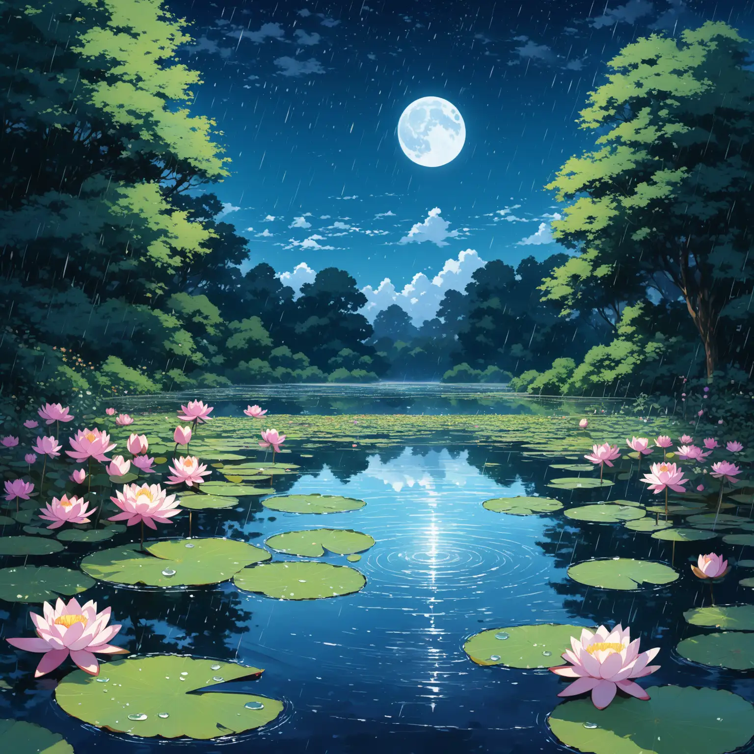 See very  close to water lily pond, bush of vibrant variant flowers, beautiful raining day,  raing drops, rain drops on leaves, water ripples,  beautiful dark night sky in rainy day, Ultra detailed, render 8k, stable diffusion, acrylic palette knife, anime, makoto shinkai style, ghibli style, mystics_meta style, codex_401 style,  full shot photography style, majestic, ultra detailed, trending pixiv style, ultra detailed.