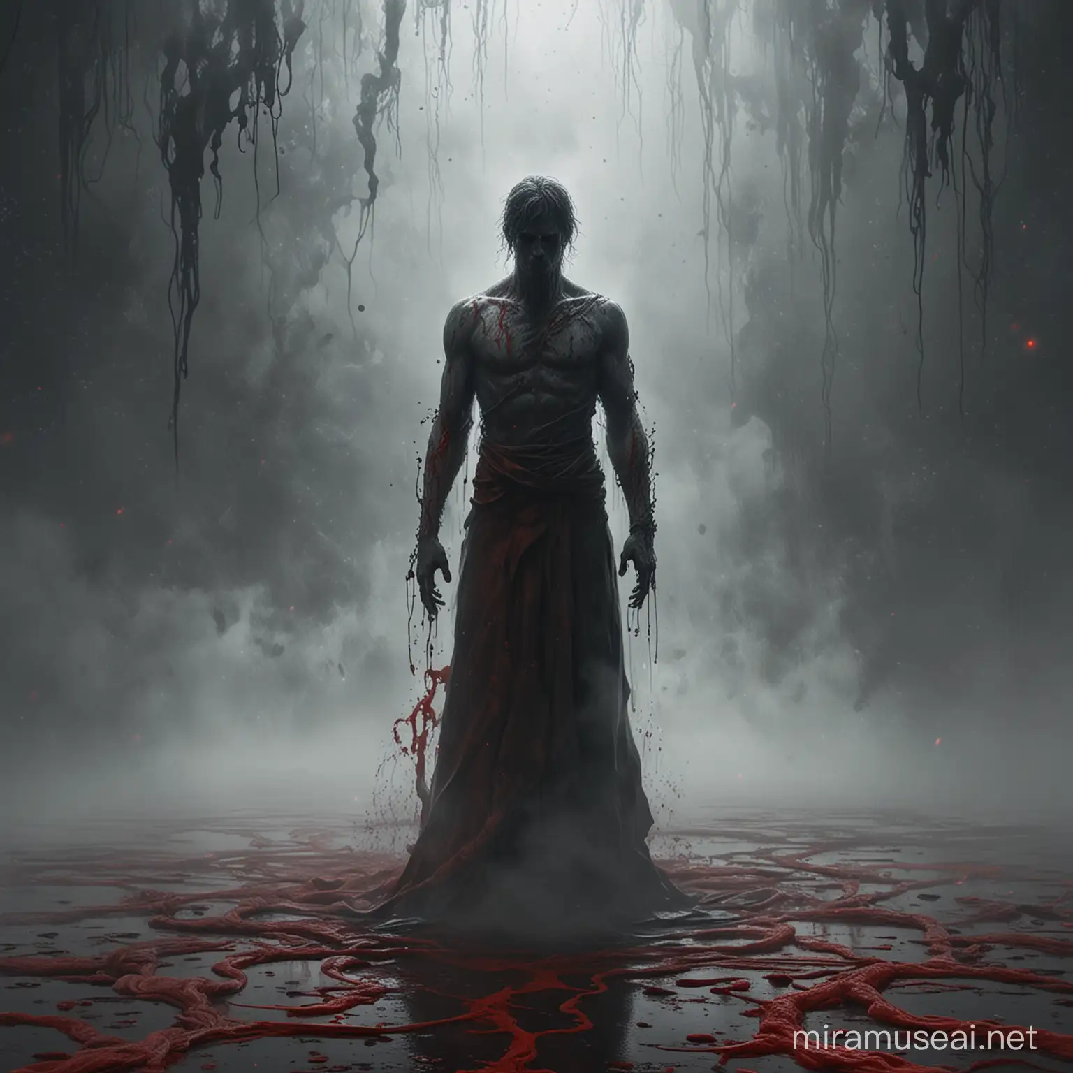 a solitary scarred figure standing amidst swirling mist and blood, representing the protagonist's isolation and inner turmoil.