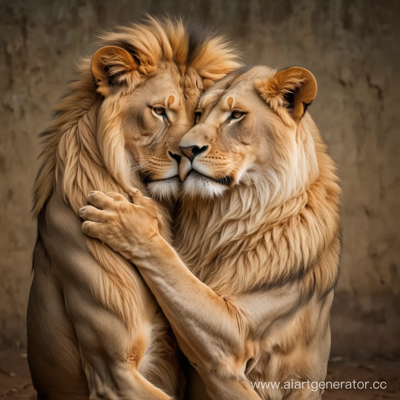 The lion stands in a human pose and embraces the lioness, The lion is full of feelings, the lion wraps his arms around the lioness, the lioness is spoilt by his embrace, the lion frowns his eyebrows sadly