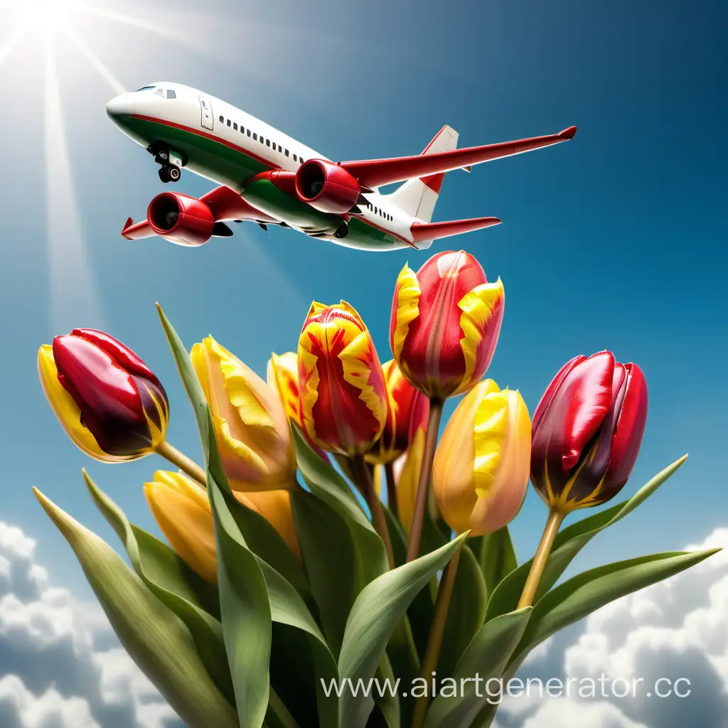 Vibrant-Tulip-Bouquet-Soaring-Through-Clear-Blue-Sky