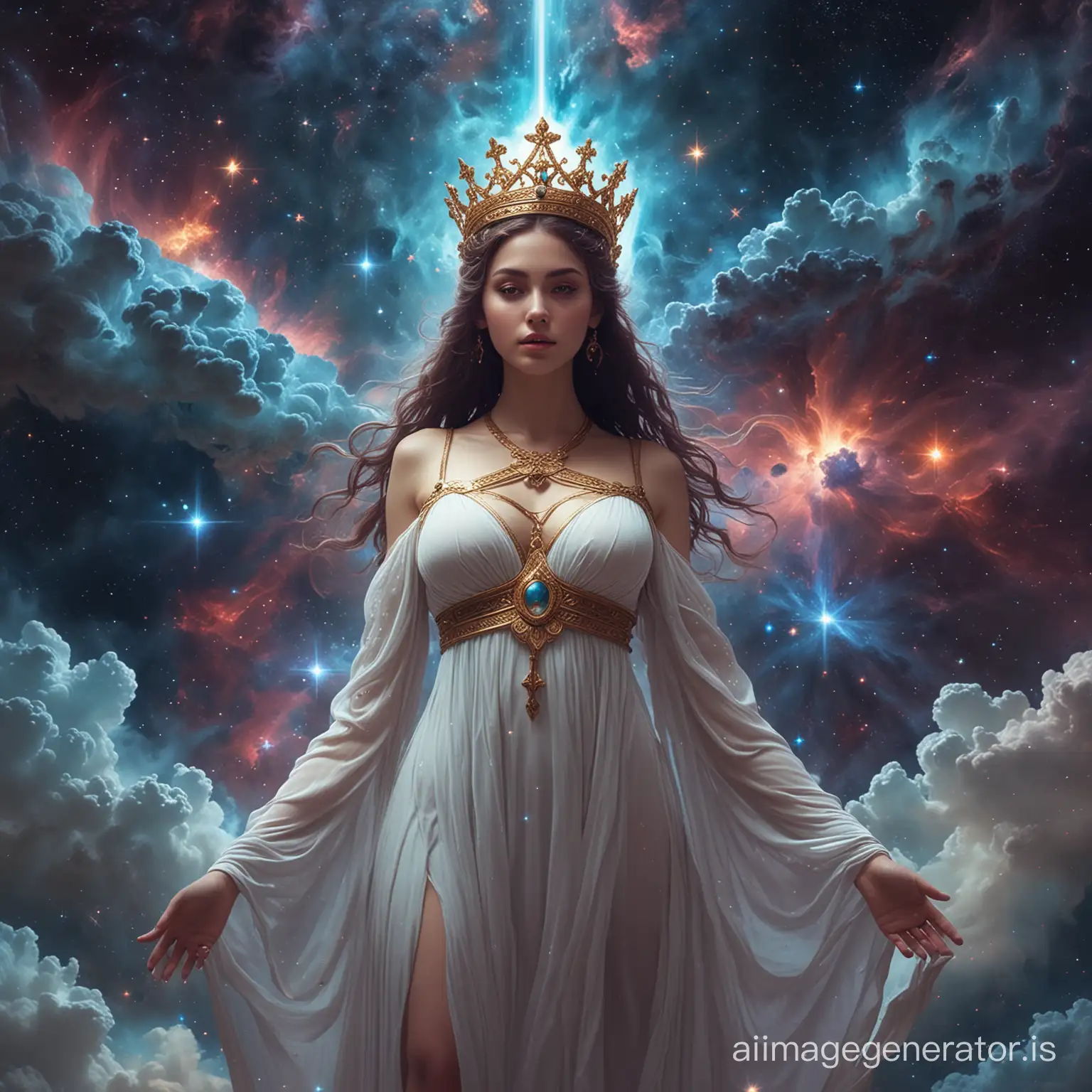 ancient space teenage girl goddess floating among nebulae, Strange crown, big boobs, Religious Image