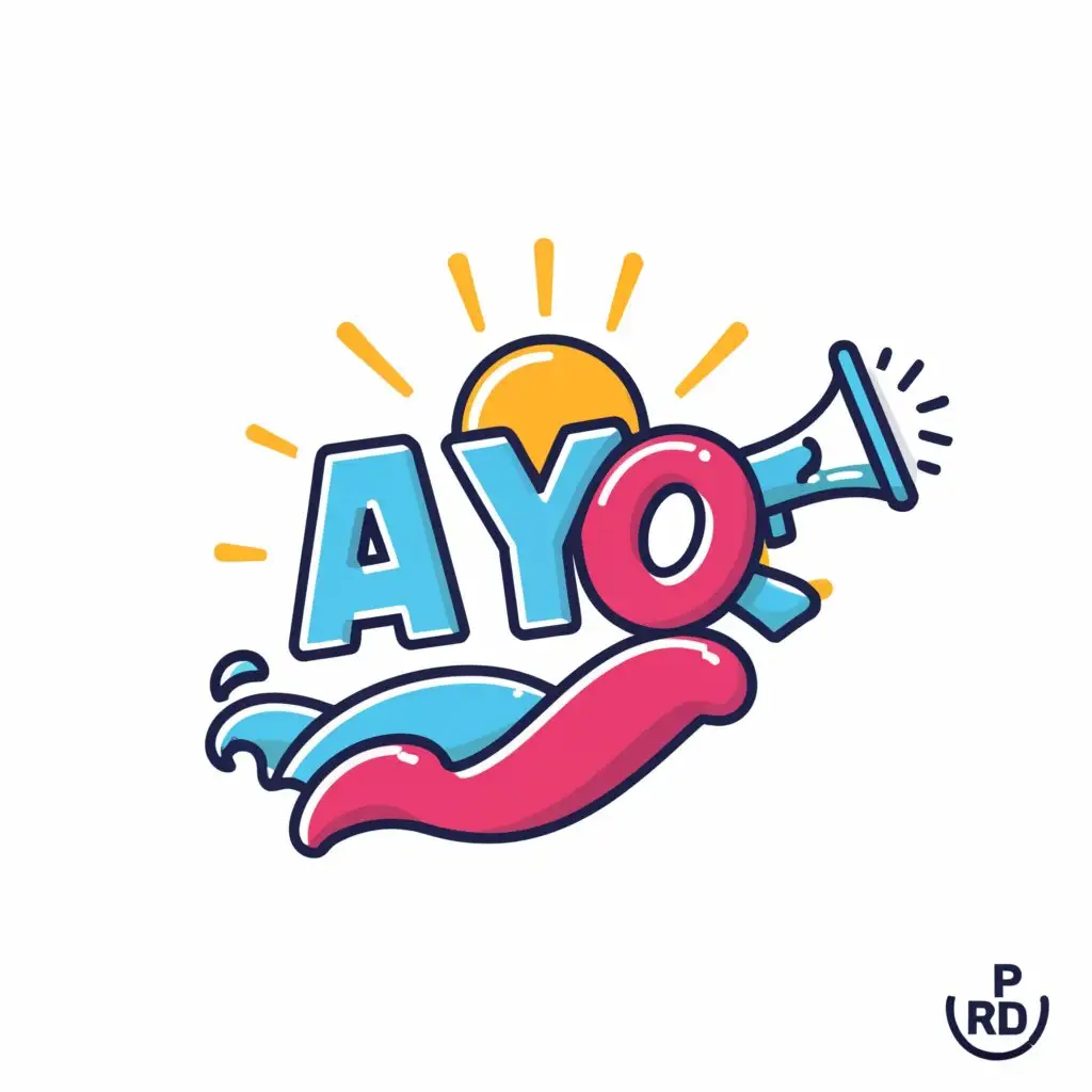 a logo design,with the text "Ayo!", main symbol:megaphone, sun, wave, surfboard,Moderate,clear background