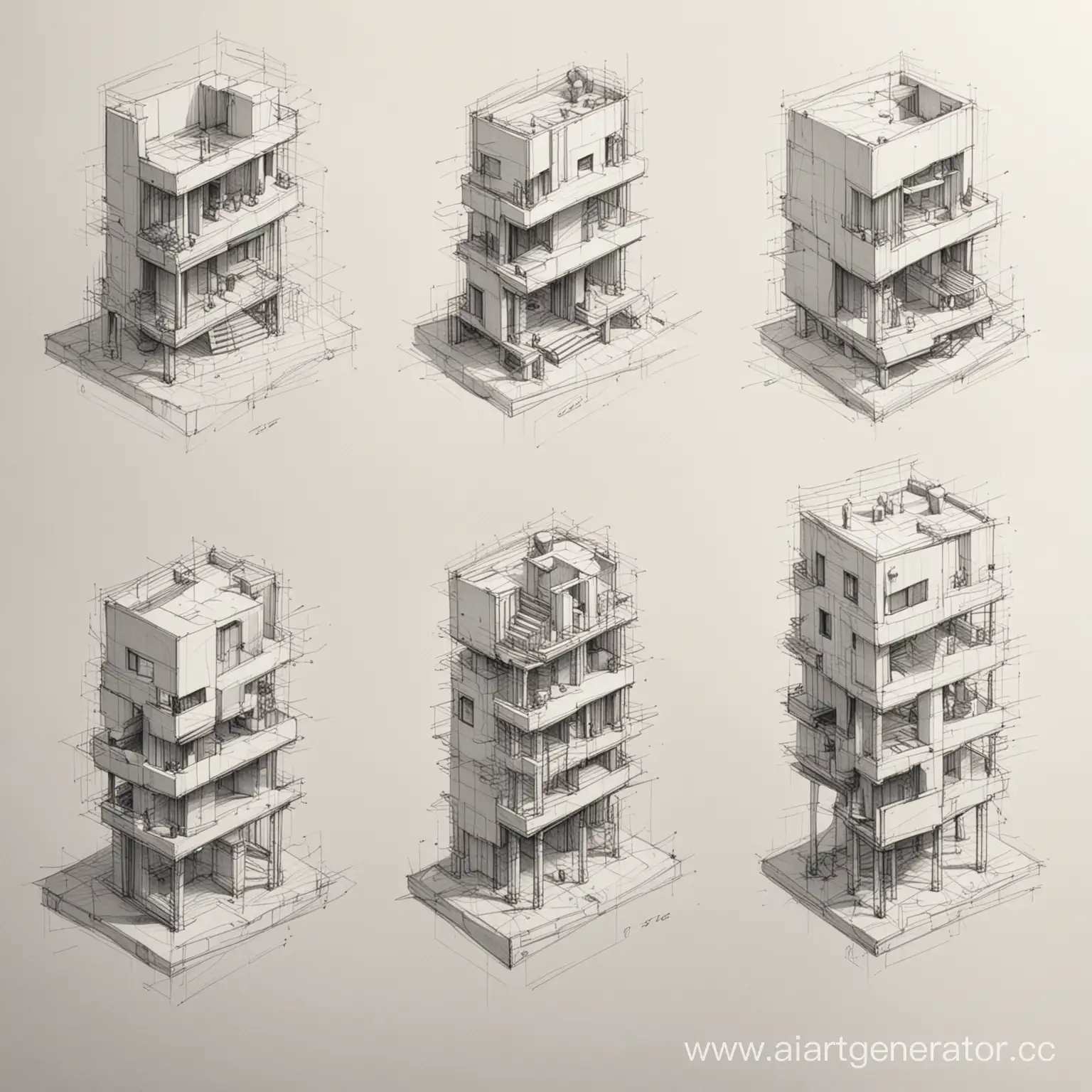 Sketches-of-Three-Architectural-Solutions-Plan-Facade-and-Axonometric-Views