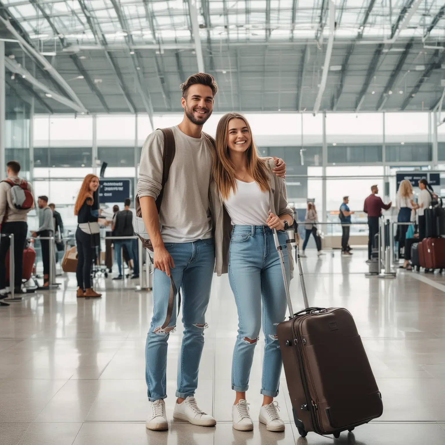 Junges paar steht mit Gepäck  in der abfertigungshalle eines modernen Flughafens, lächeln, gut gelaunt