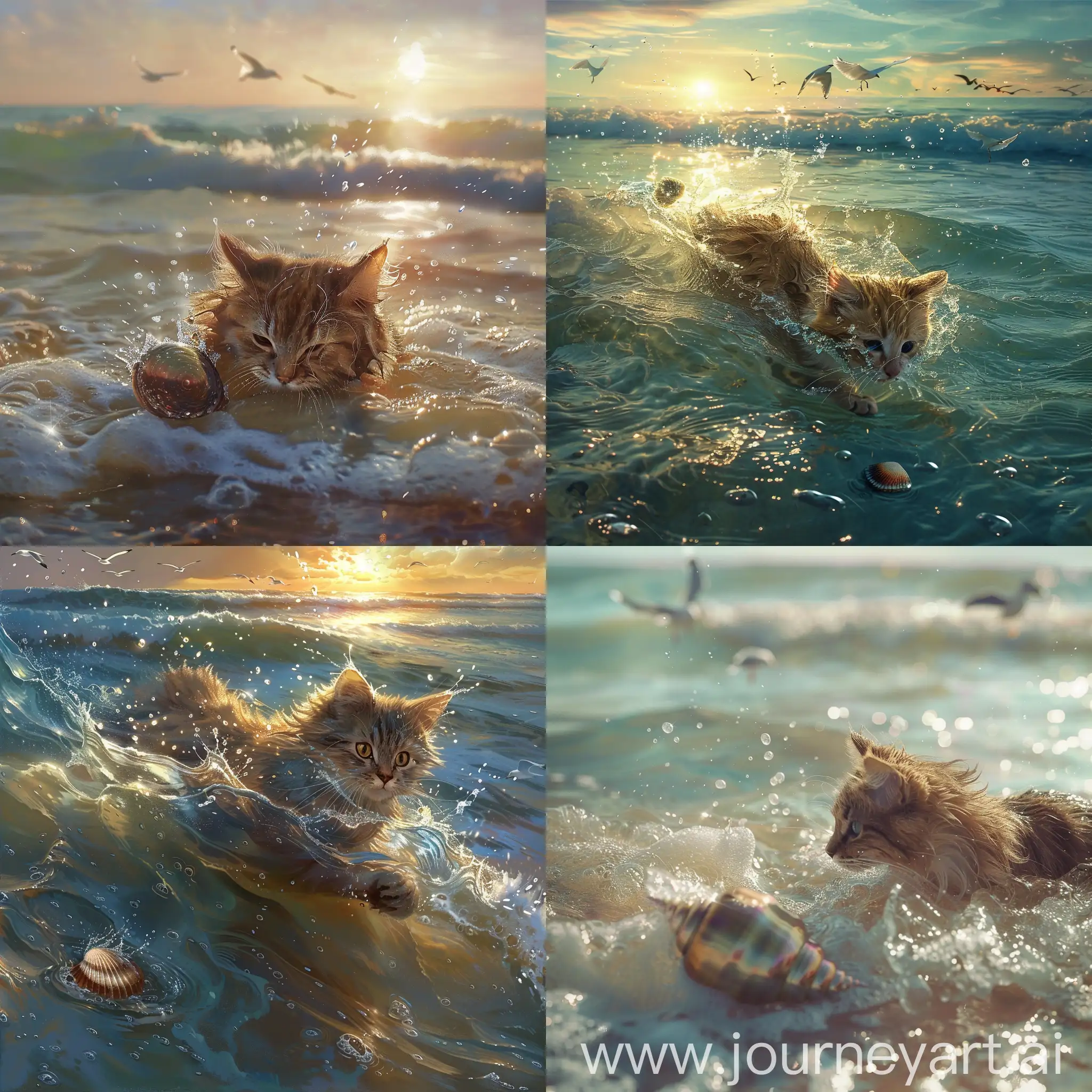 Cat-Swimming-in-Sunset-Seas-Playful-Feline-Frolicking-in-Gentle-Waves