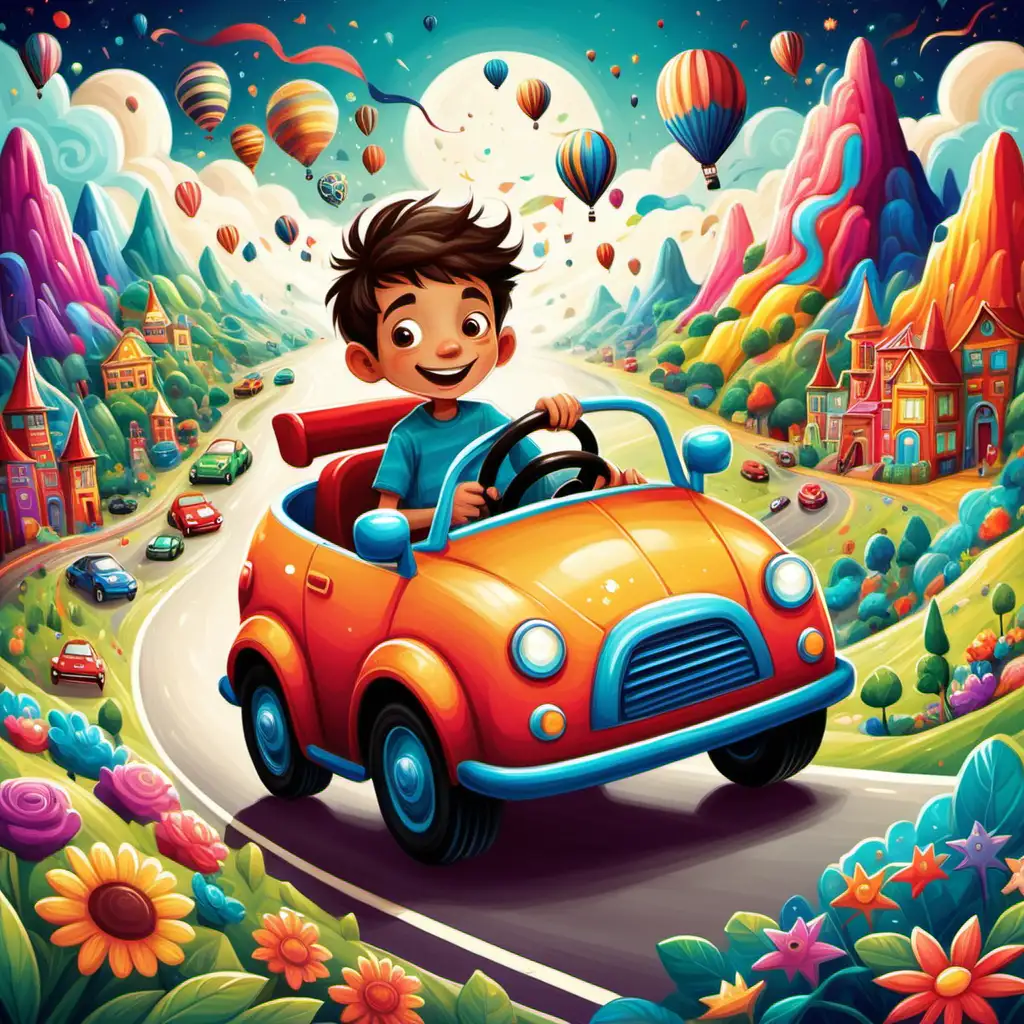 Joyful Boy Driving Colorful Car Through Imaginative Landscapes