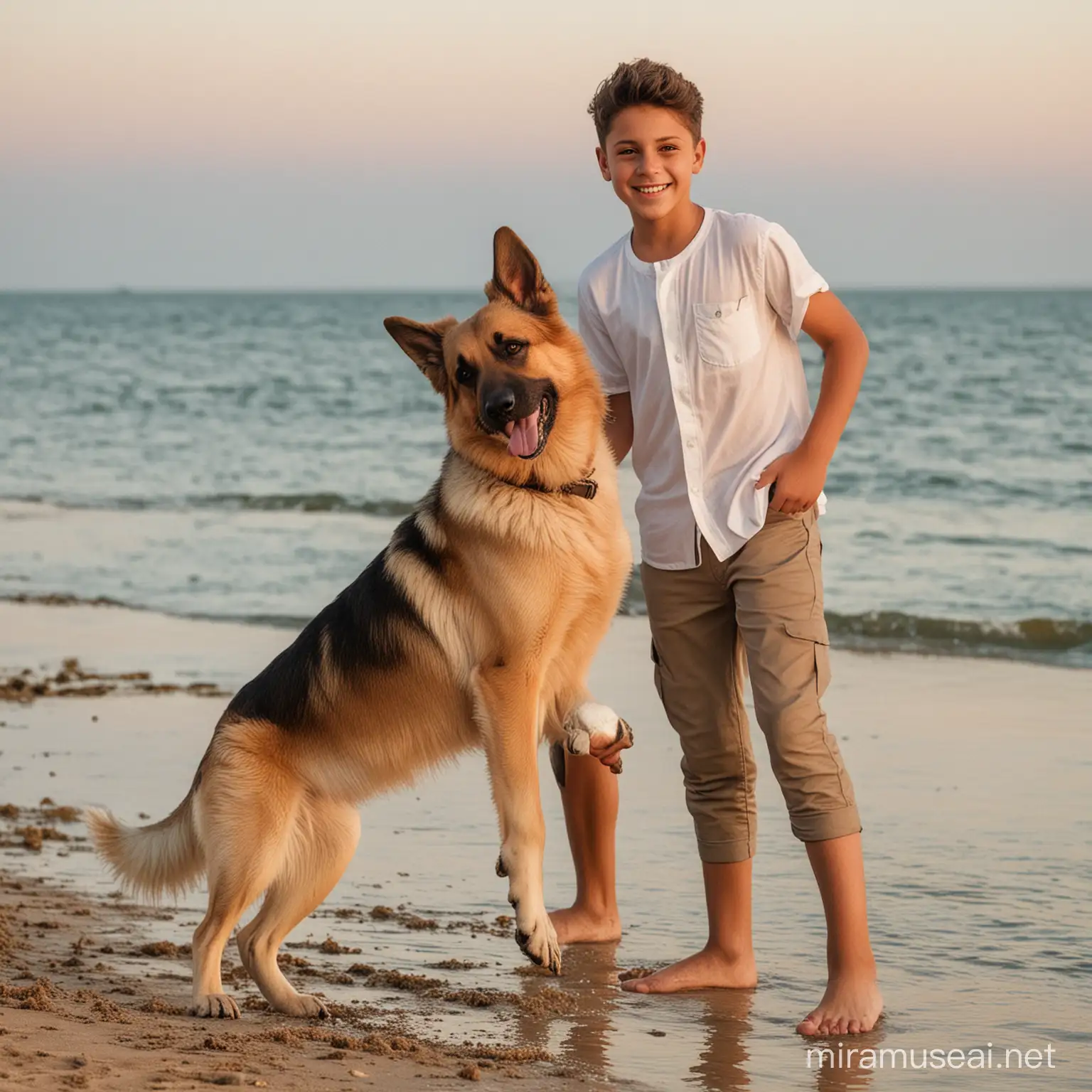 In beach in summer a 14 year old young boy with fine hairstyle who is skin colour is white colour wearing a nice shirt and trousers whose playing with his nice German shepherd dog in summer evening in front of the beach water in the beach stand smiling at the camera who is so admirable.there are two people one is that boy and another is his dog.
