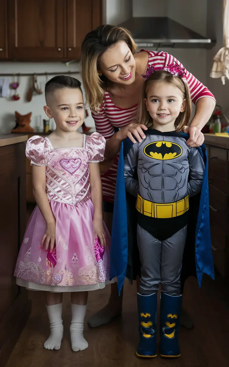 Gender role-reversal, Photograph of a mother dressing her young son, a boy with short smart hair shaved on the sides age 8, up in a Disney Princess dress and princess shoes and princess accessories, and she is dressing her young daughter, a girl with long hair age 7, up in a Batman superhero suit and boots and superhero accessories, in a kitchen for fun to keep the kids entertained on a rainy day, adorable, perfect children faces, perfect faces, clear faces, perfect eyes, perfect noses, smooth skin