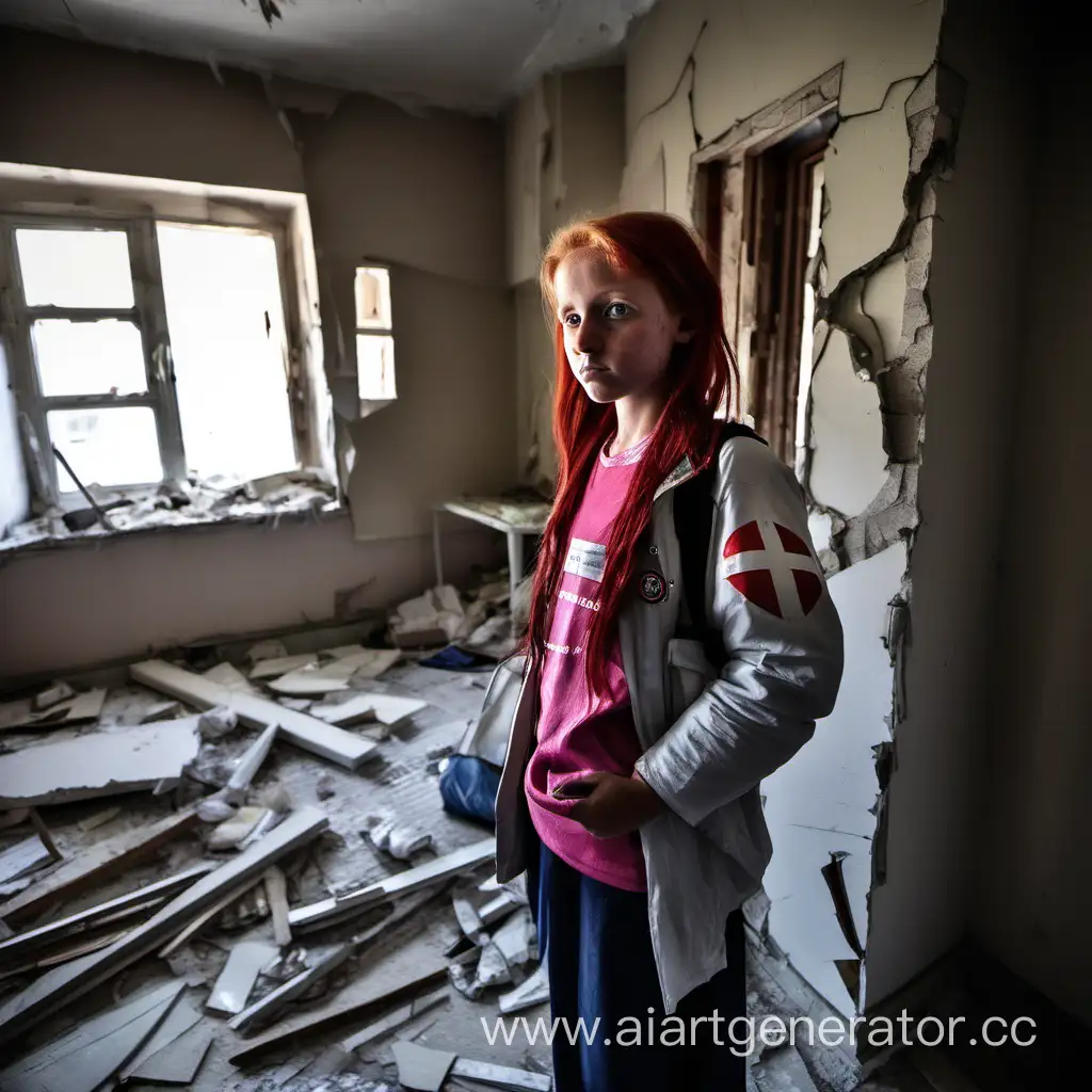 Humanitarian-Assistance-in-WarTorn-Donetsk-RedHaired-Girl-Amidst-Damaged-Houses