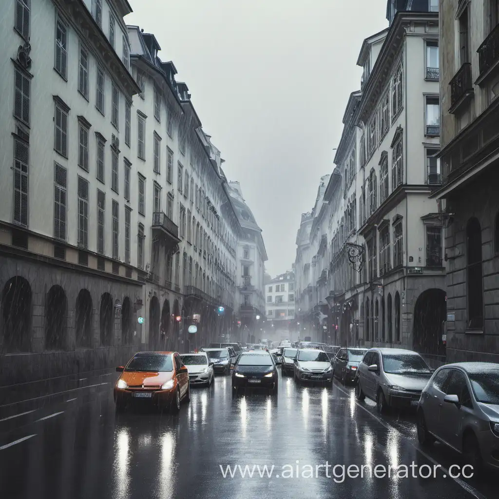 Европейская улочка наполненная машинами и идёт дождь