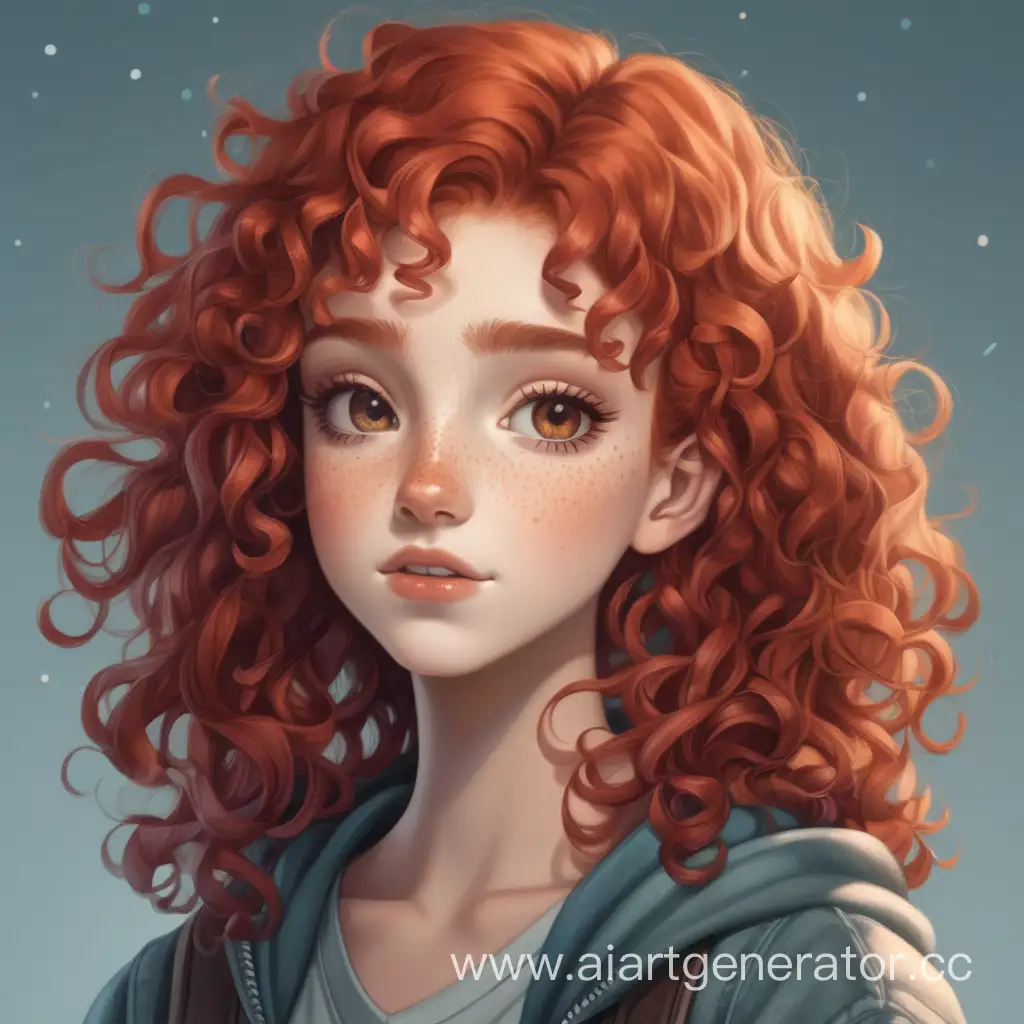 A red-haired girl with curly hair and freckles in the style of a character profile