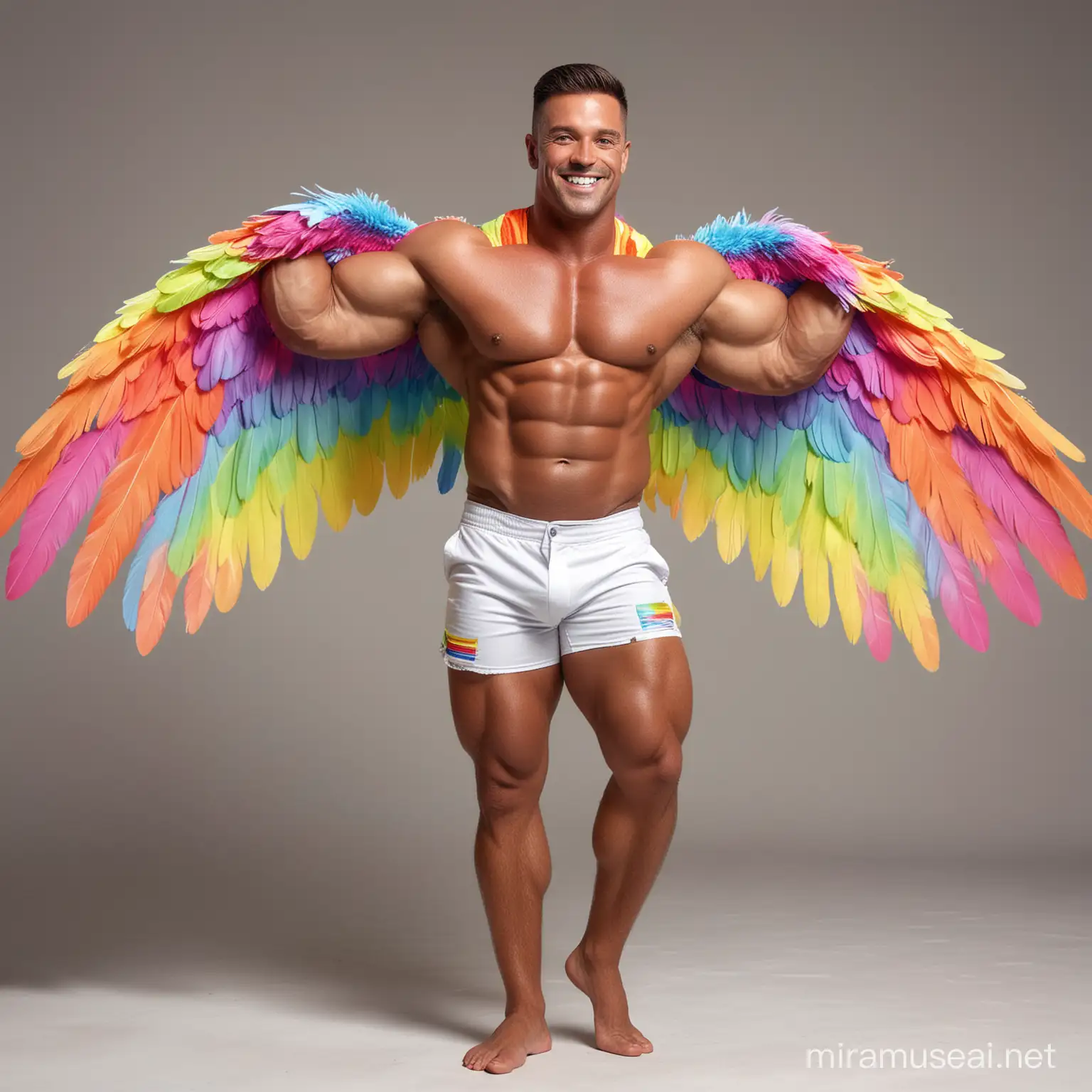 Full Body to feet Topless 30s Ultra Chunky IFBB Bodybuilder Daddy with Great Smile wearing Multi-Highlighter Bright Rainbow with white Coloured See Through Eagle Wings Shoulder Jacket Short shorts left arm up Flexing