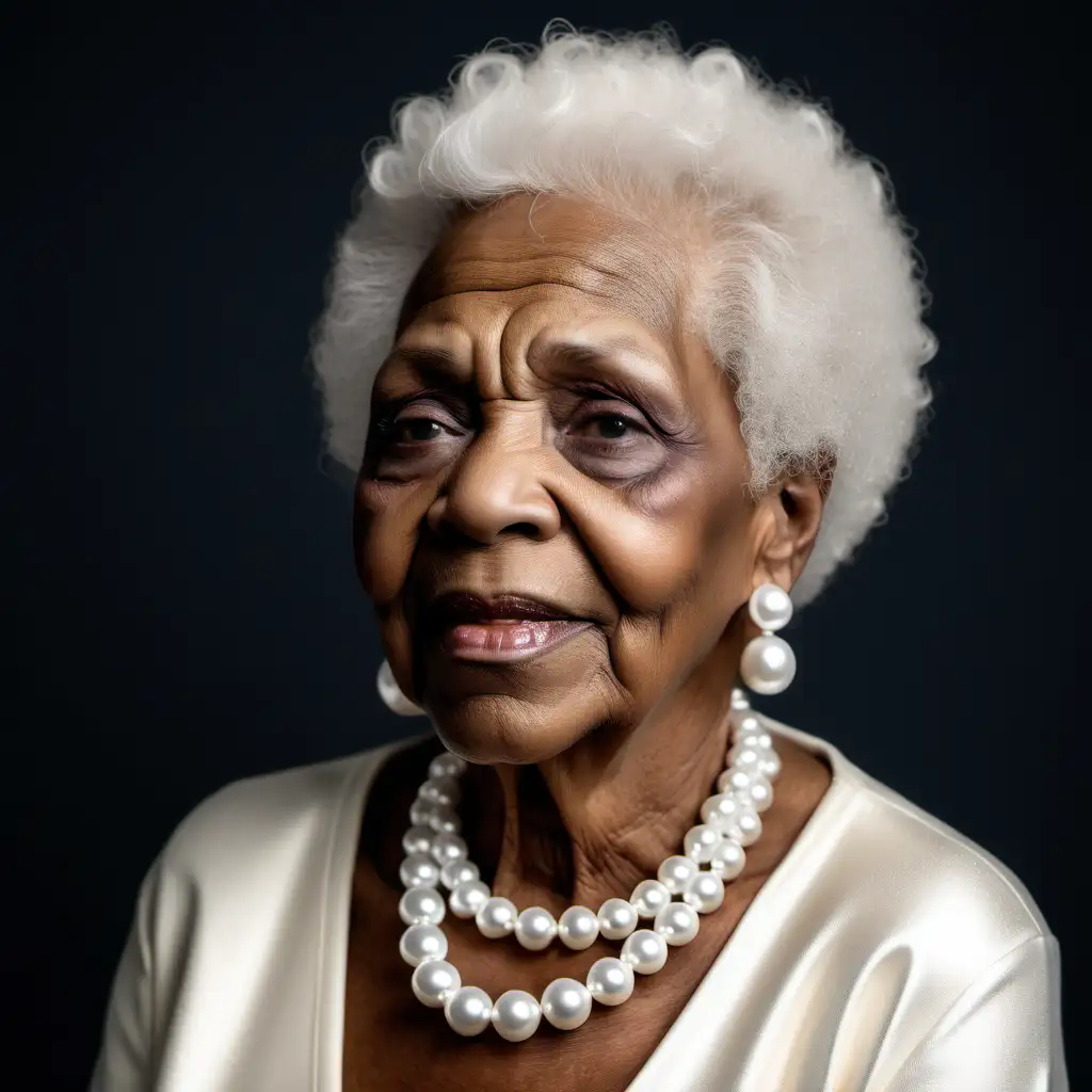 a beautiful african american old woman in a creme outfit with pearls on her necklace