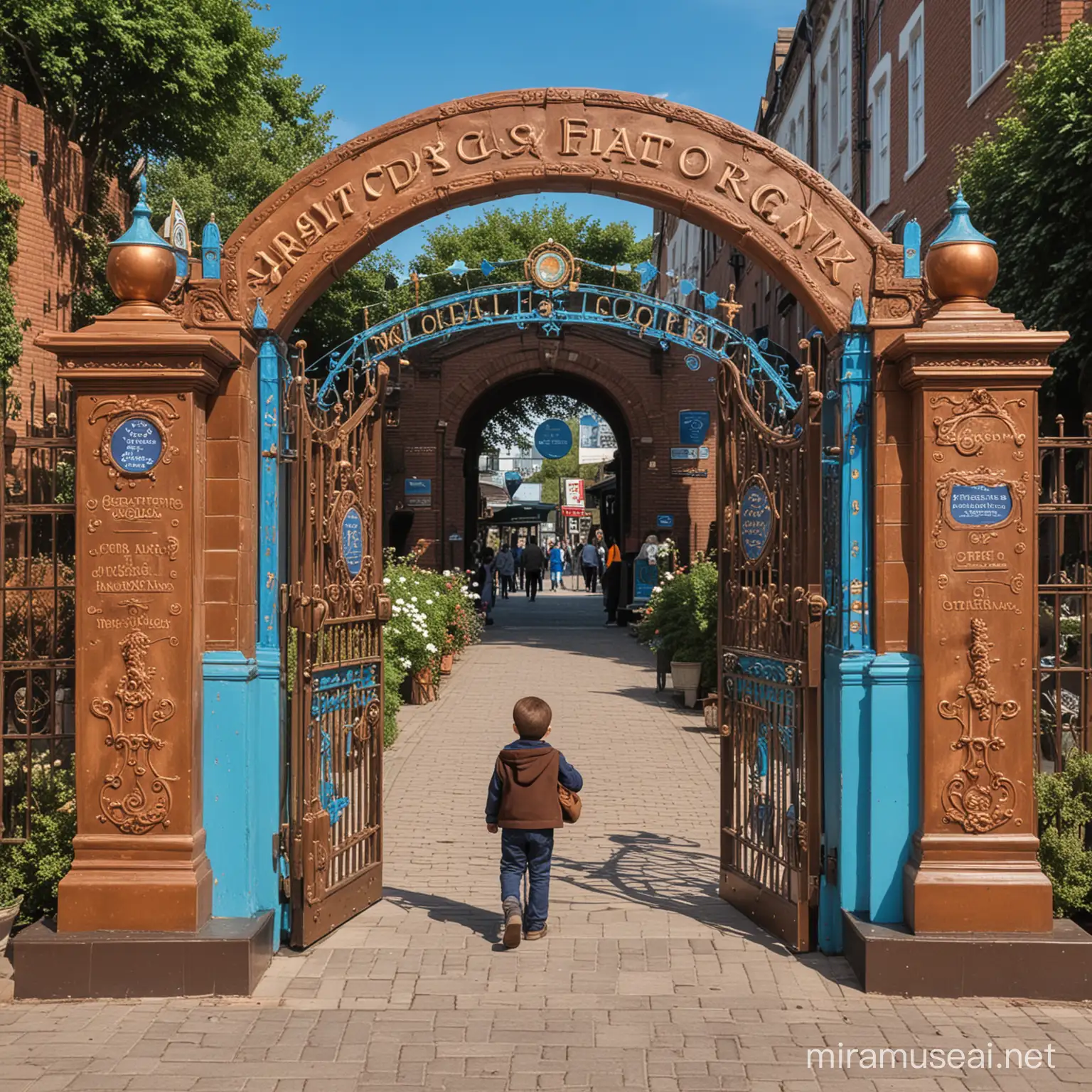 magical gateway with blue and copper exhibits and one year old smart chocolate boy was waiting in street 