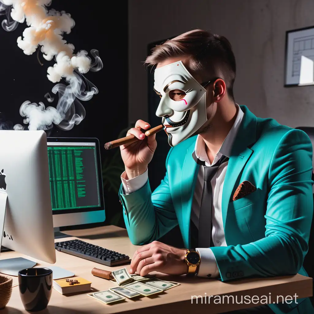 Gera um homem com máscara de hacker fumando charuto trabalhando no computador com a mesa cheio de dinheiro 