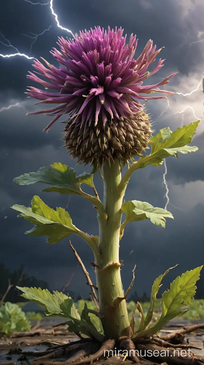 Exaggerated PhotoRealistic Burdock Root with Detailed Textures and Vivid Lighting