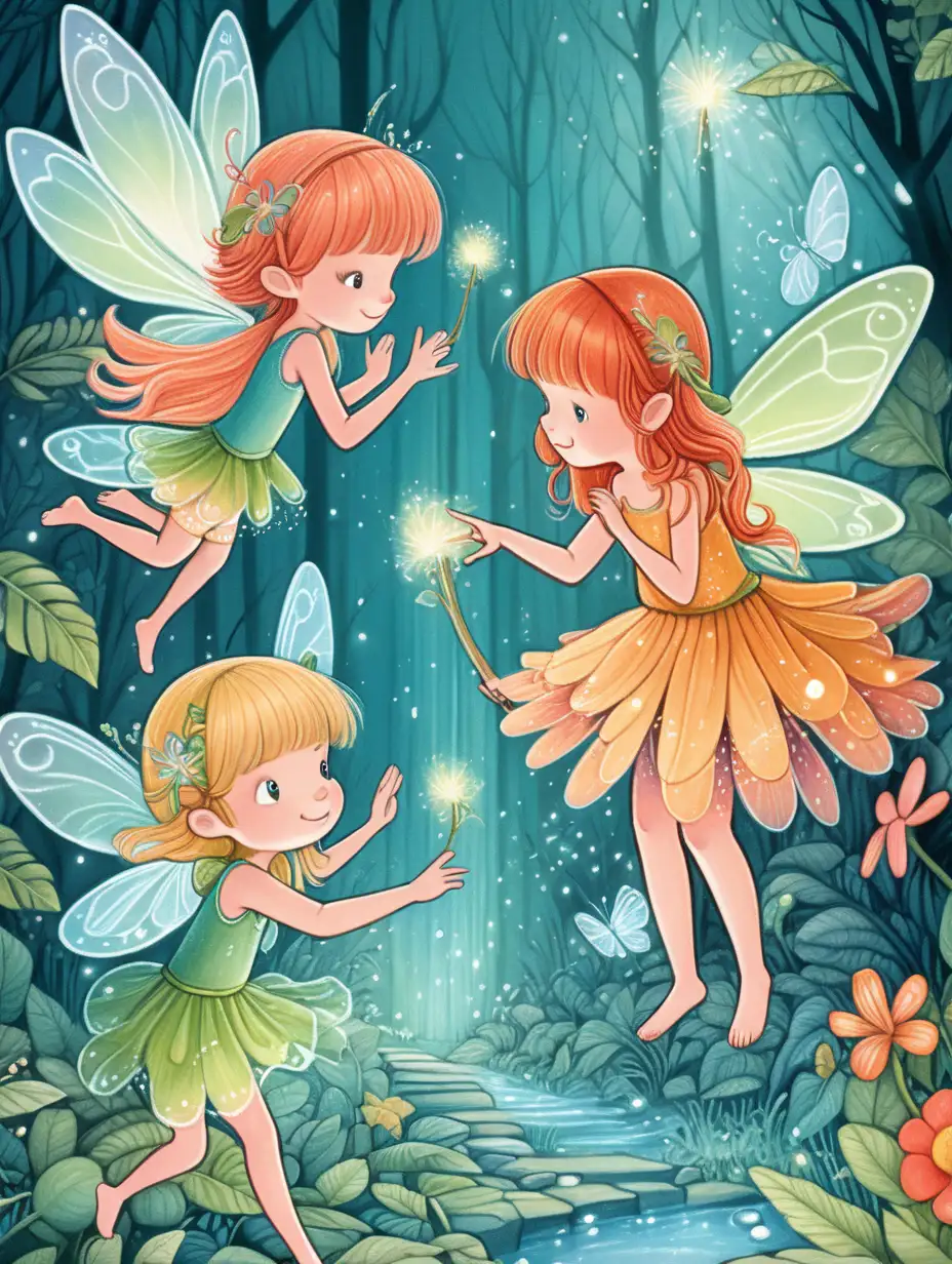 kids illustrations, fairies, thick lines, low detail, vivid color