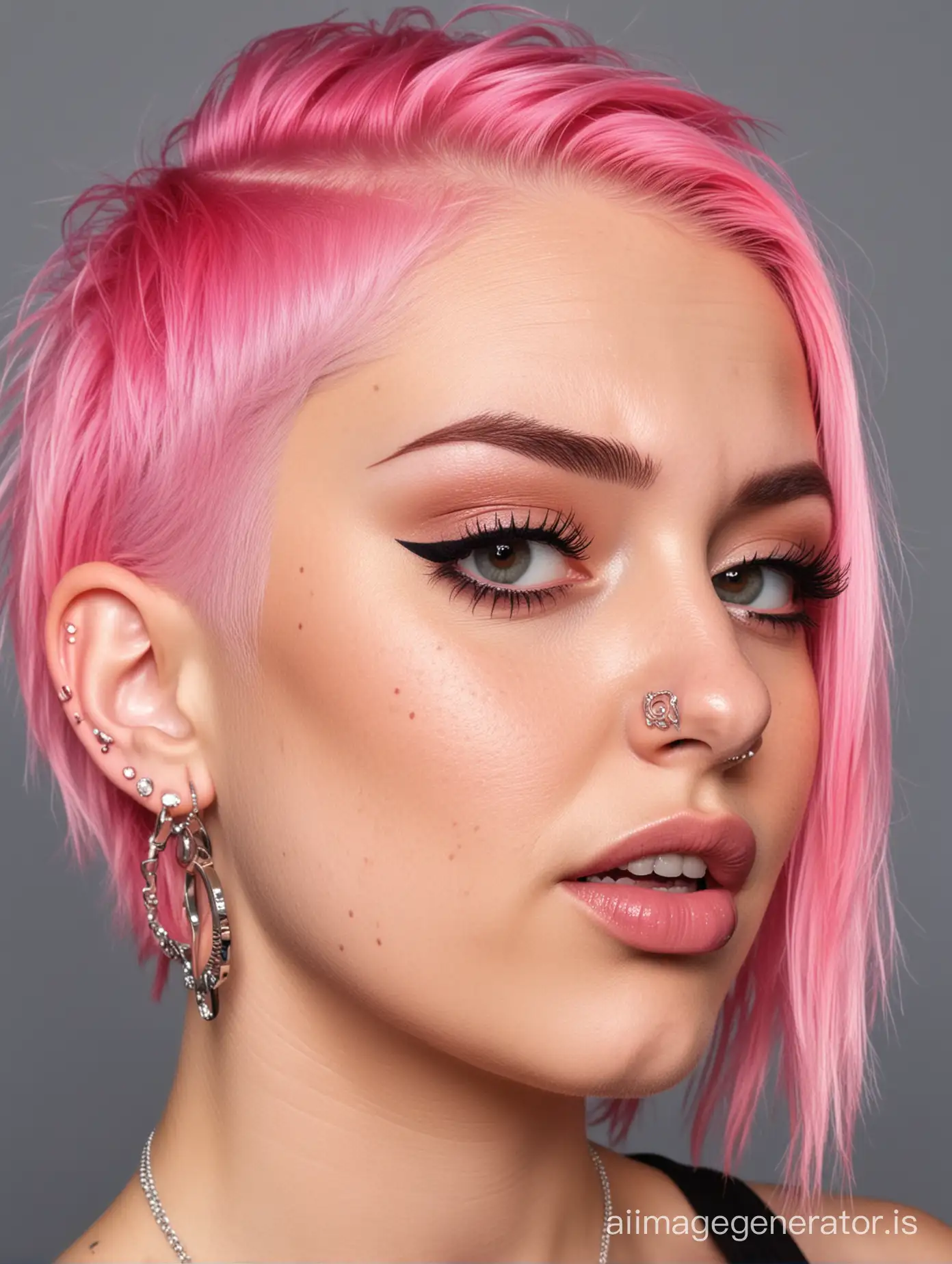 woman with shaved 360 degree undercut pink hair, multiple ear piercings and nose ring and pierced eyebrow showing her tongue piercing