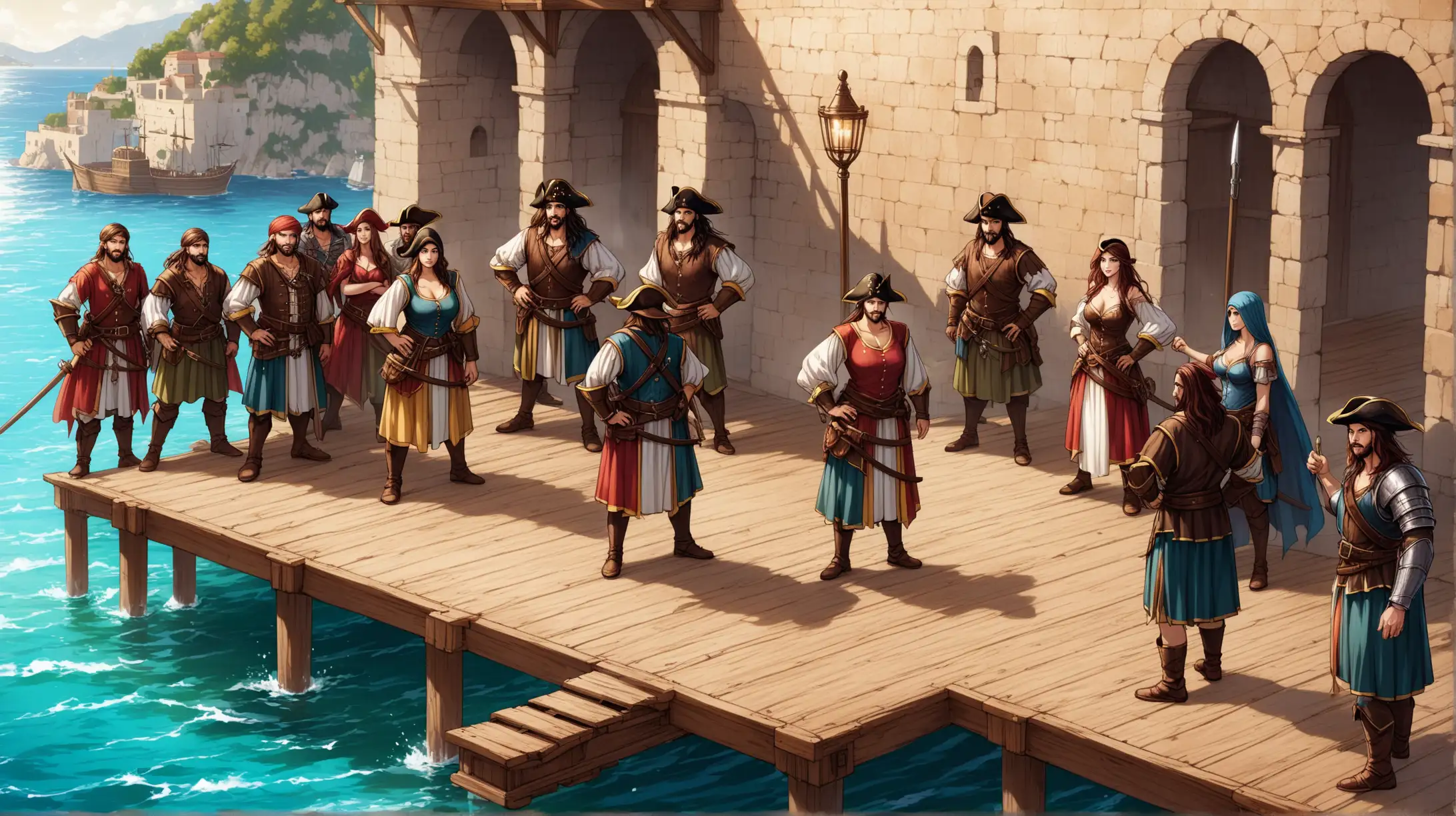 crew of pirates gladiators and wizards, men and women, Mediterranean, wooden dock, Medieval fantasy