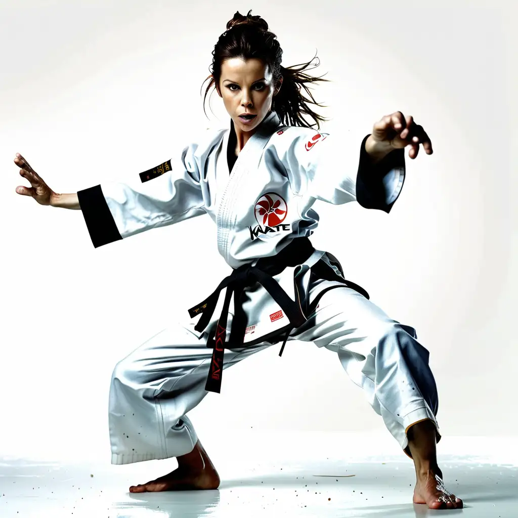 Kate Beckinsale Karate Pose in Youthful Attire on White Background