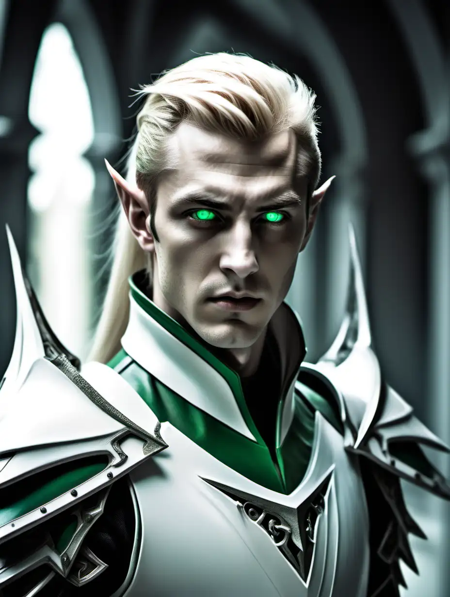 Portrait of a young male eldar with pointy ears and an elegant face. Long blonde ponytail. Green eyes. Wearing a white and slightly green elegant heavy armor. Intense look on face. White wraithbone corridor in background of image. Nothing in hands.