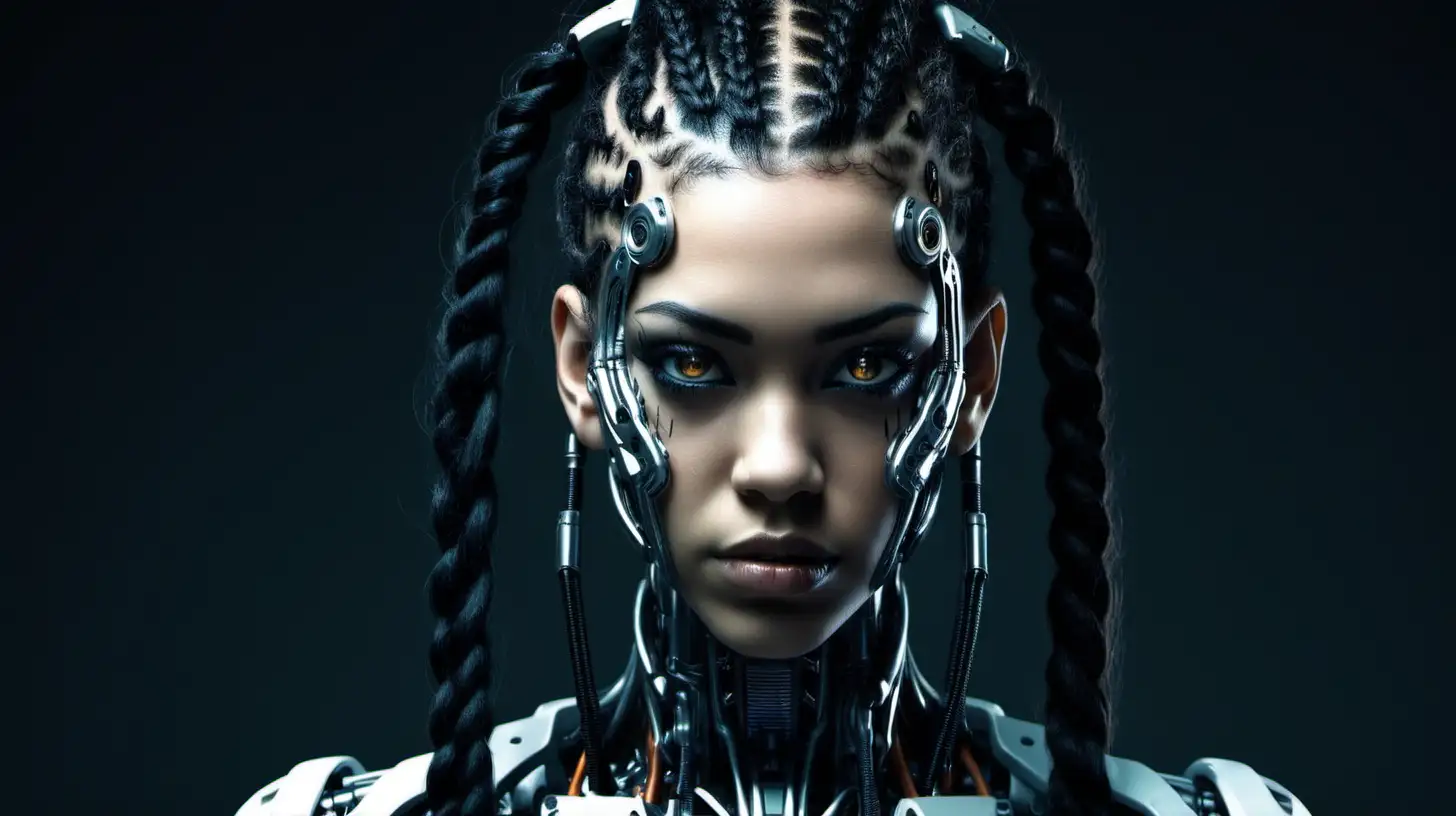 Cyborg woman, 18 years old. She has a cyborg face, but she is extremely beautiful.  Wild hair. Dark braids.
