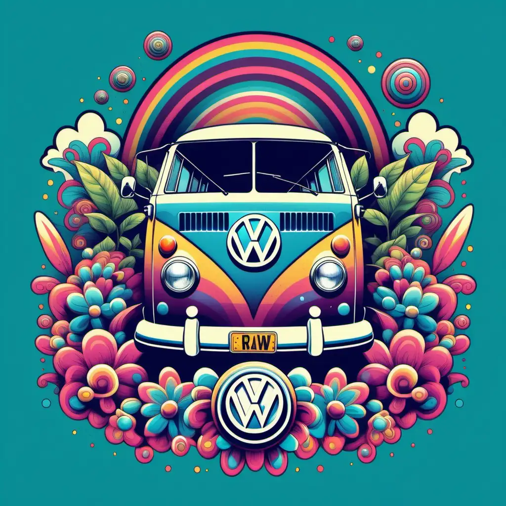 psychedelic retro-style featuring iconic symbols like VW buses,  illustration, tshirt design vector, white background v
5.1 raw style