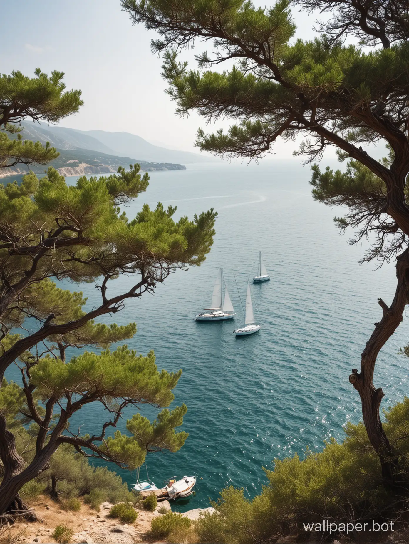view of the sea in Crimea, oaks, junipers, yacht at sea