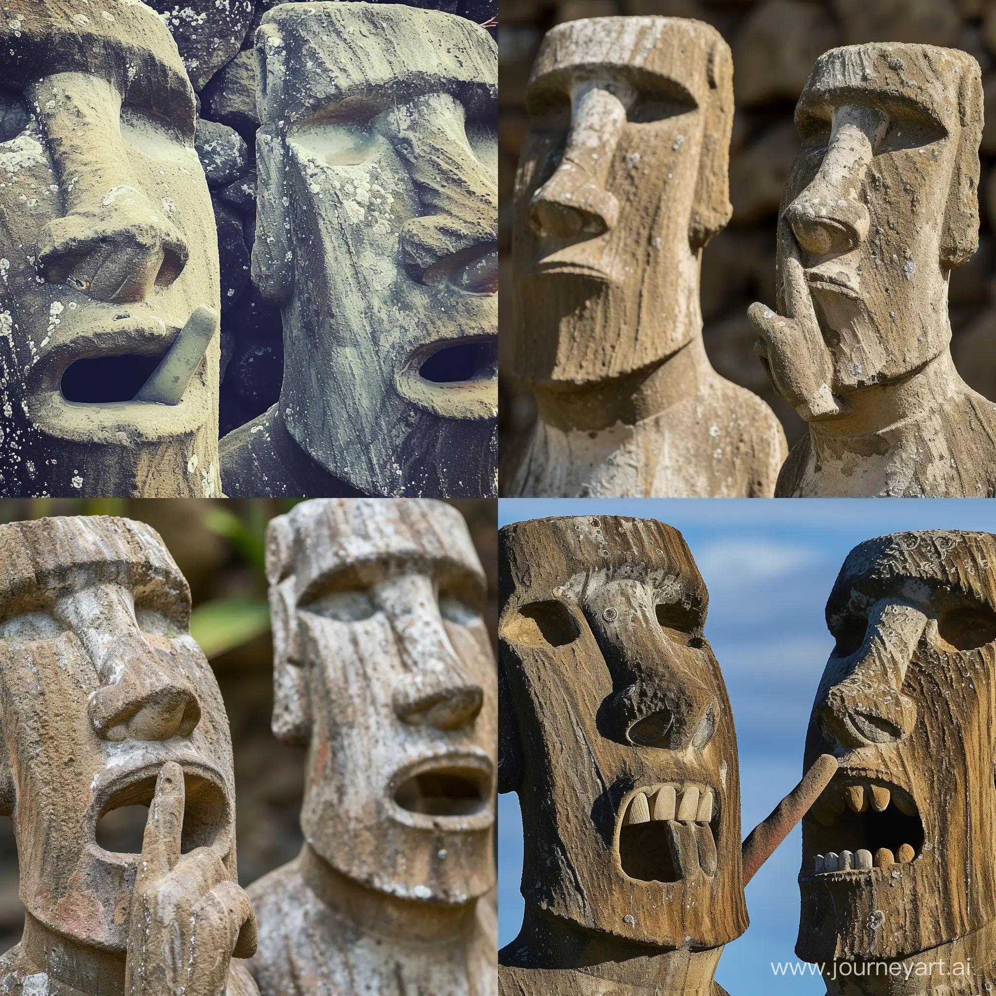 ein foto von zwei moai auf der osterinsel mit ausgeprägten, kantigen kiefern. ein moai legt den zeigefinger auf den mund. der andere zeigt mit dem finger auf  seinen kiefer
