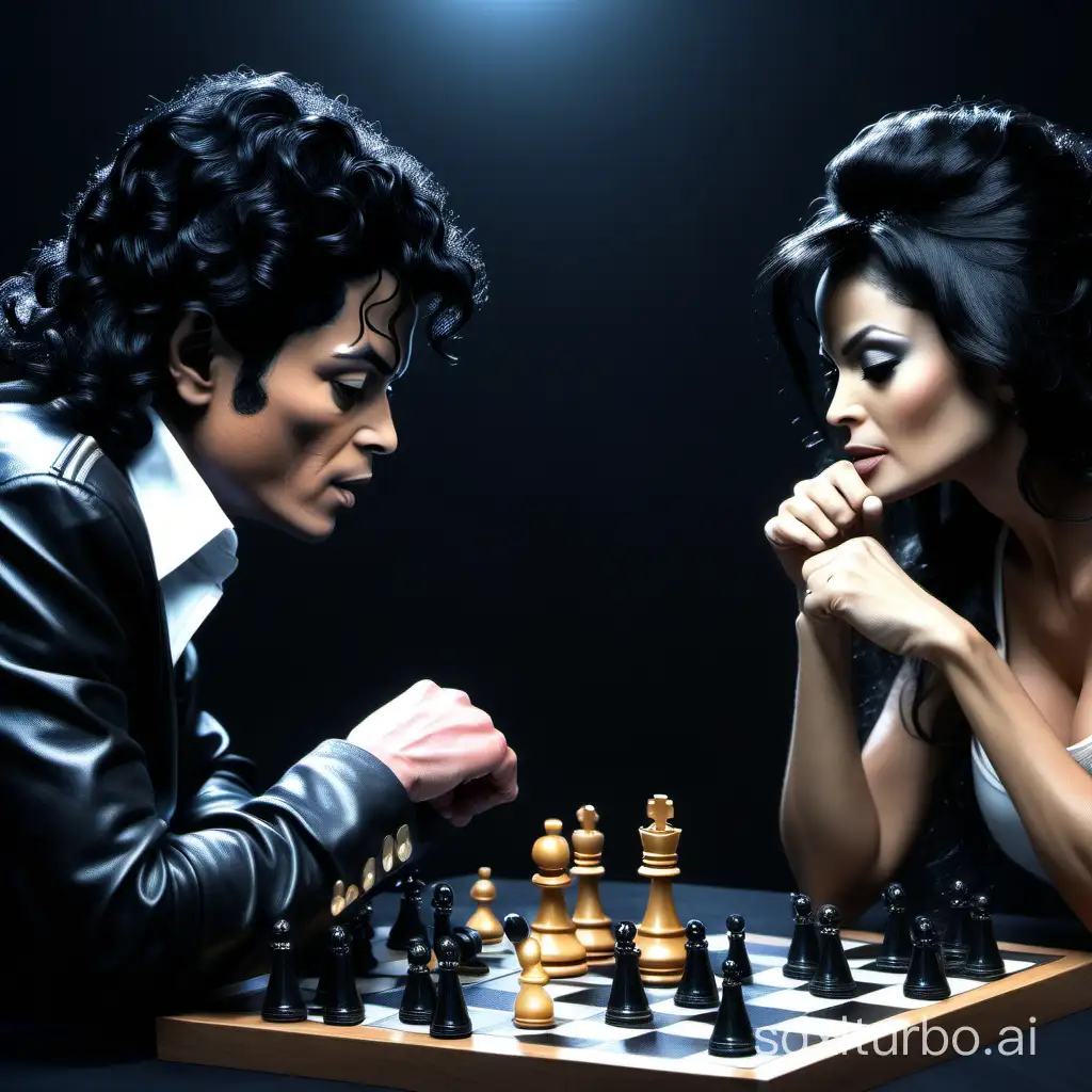 michael jackson and lisa ann playing chess, hyper realistic, cinematic, intense game, very focused, on one side is michael jackson, his opponent is lisa ann, the game is super intense, very realistic and detailed image.